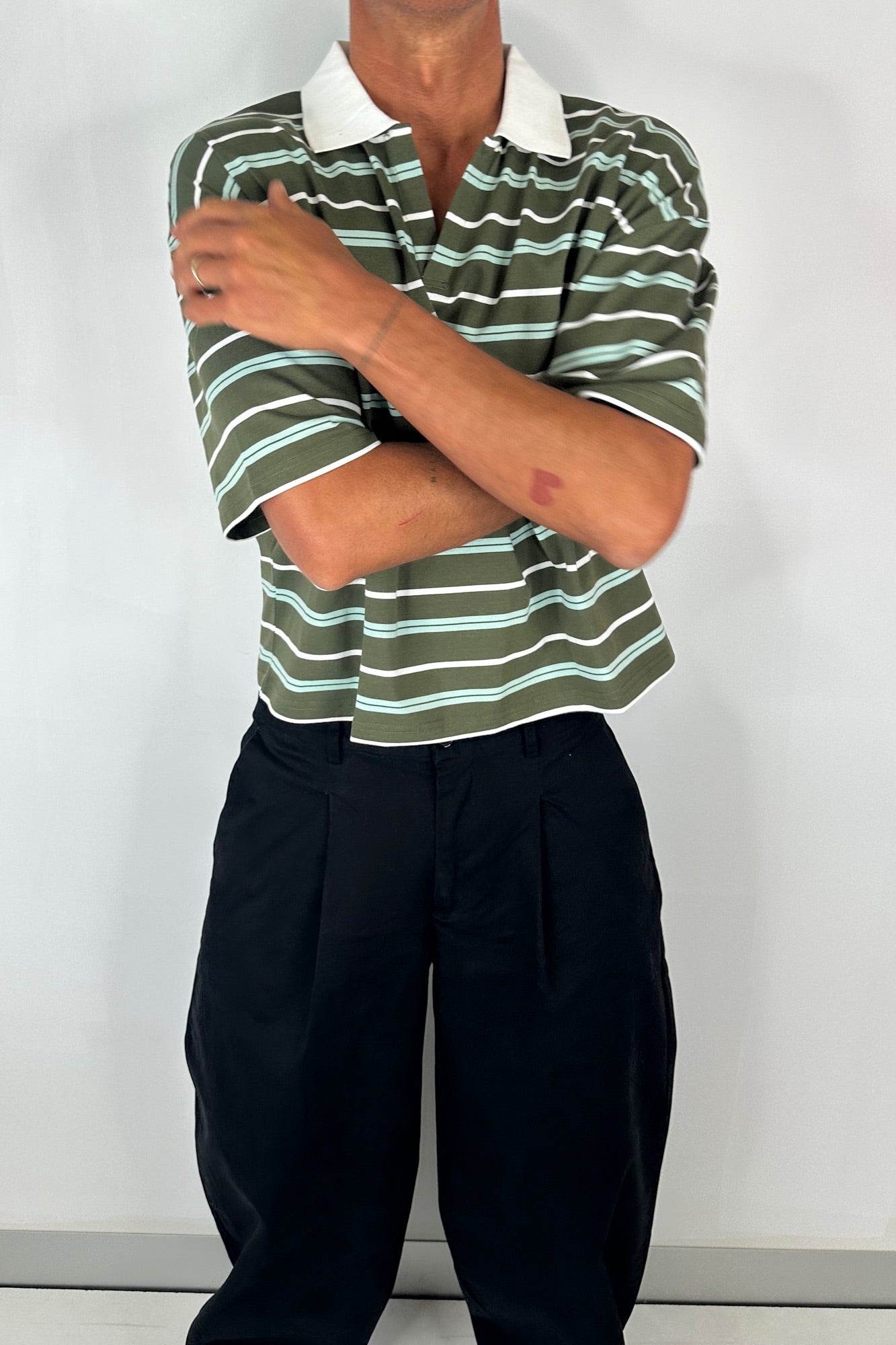 Jersey Crop Polo Olive Stripe