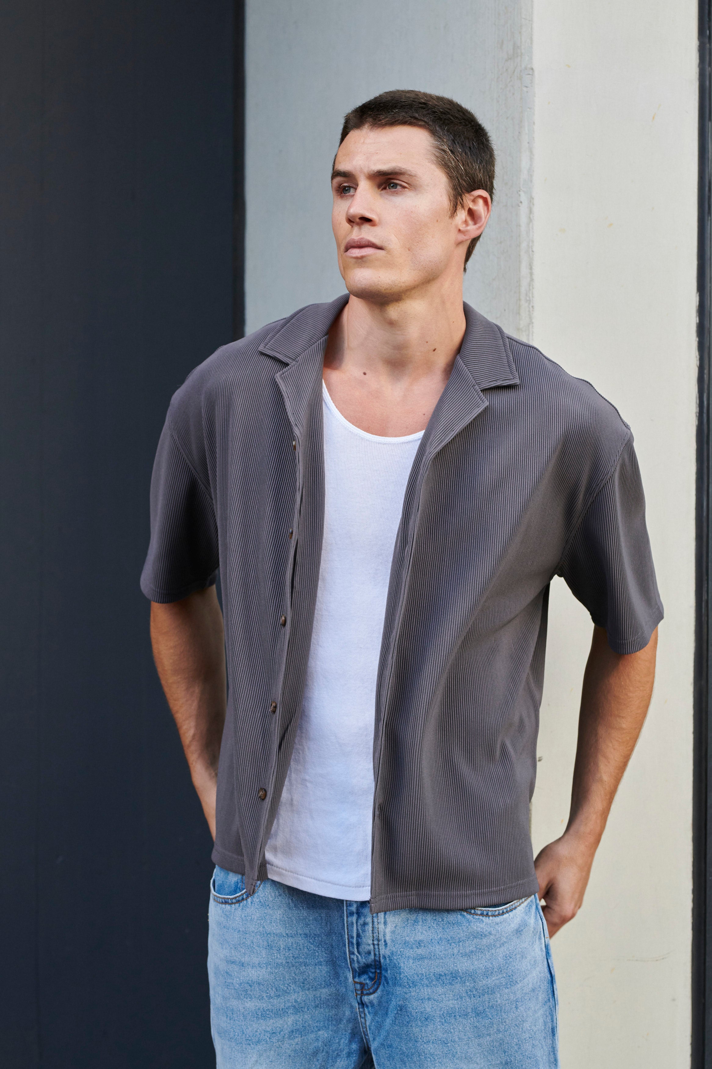 Raf Cropped Shirt Ribbed Dark Grey