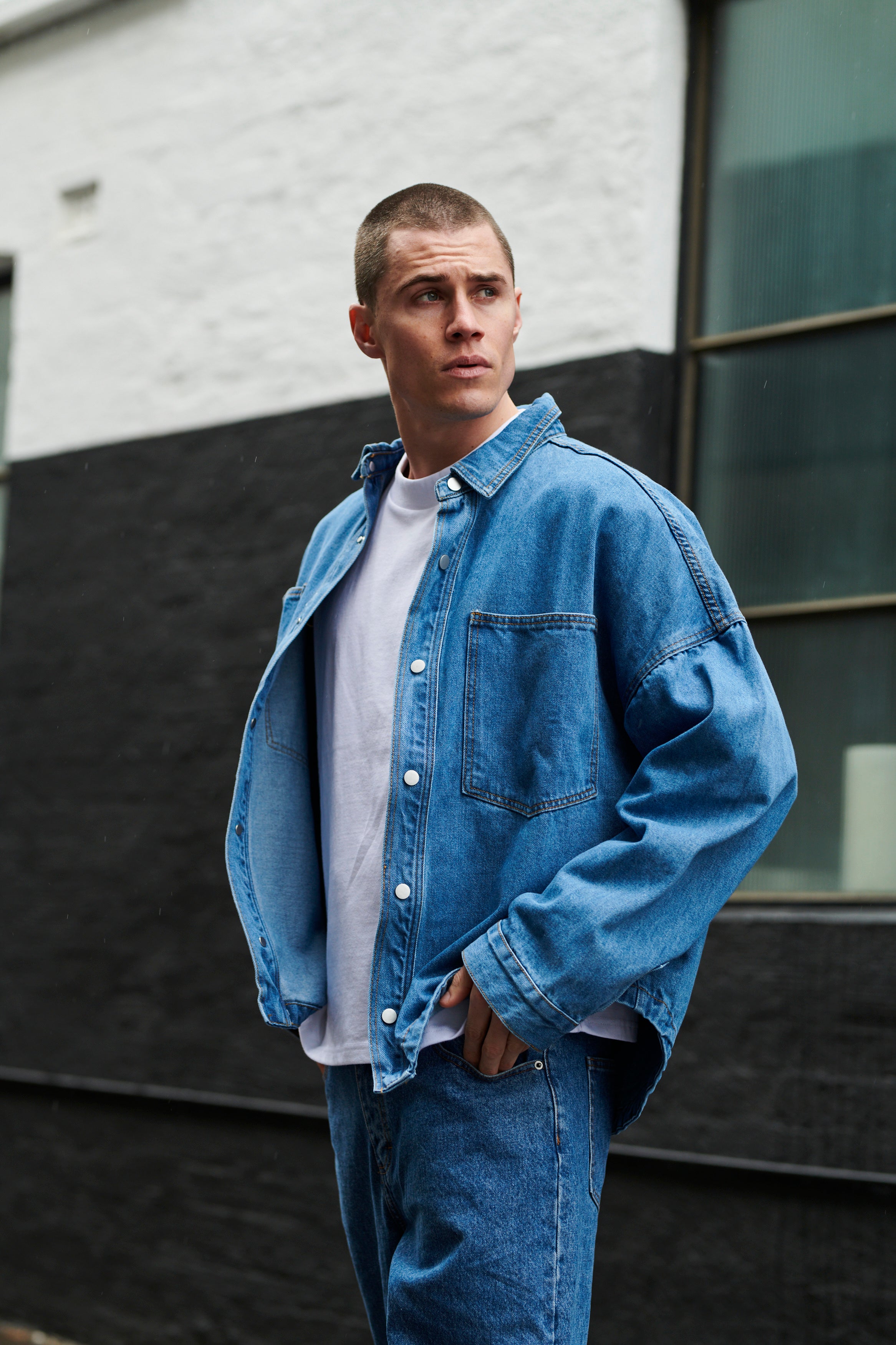 Drop Shoulder Denim Shirt Blue