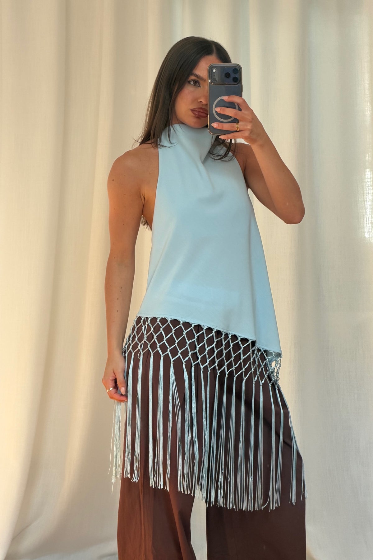 Alicia Fringe Top Sky