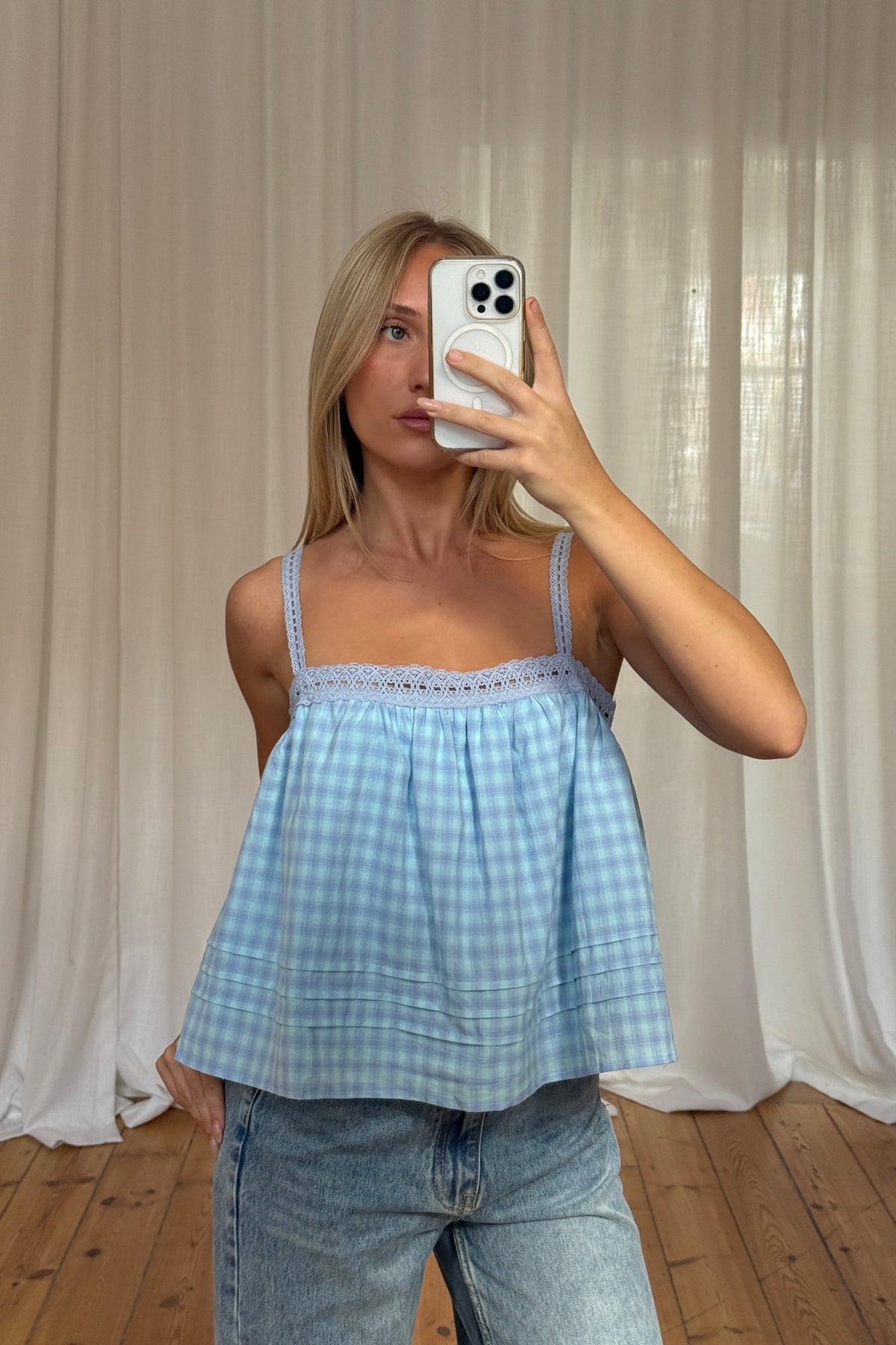 Lottie Lace Trim Top Sky