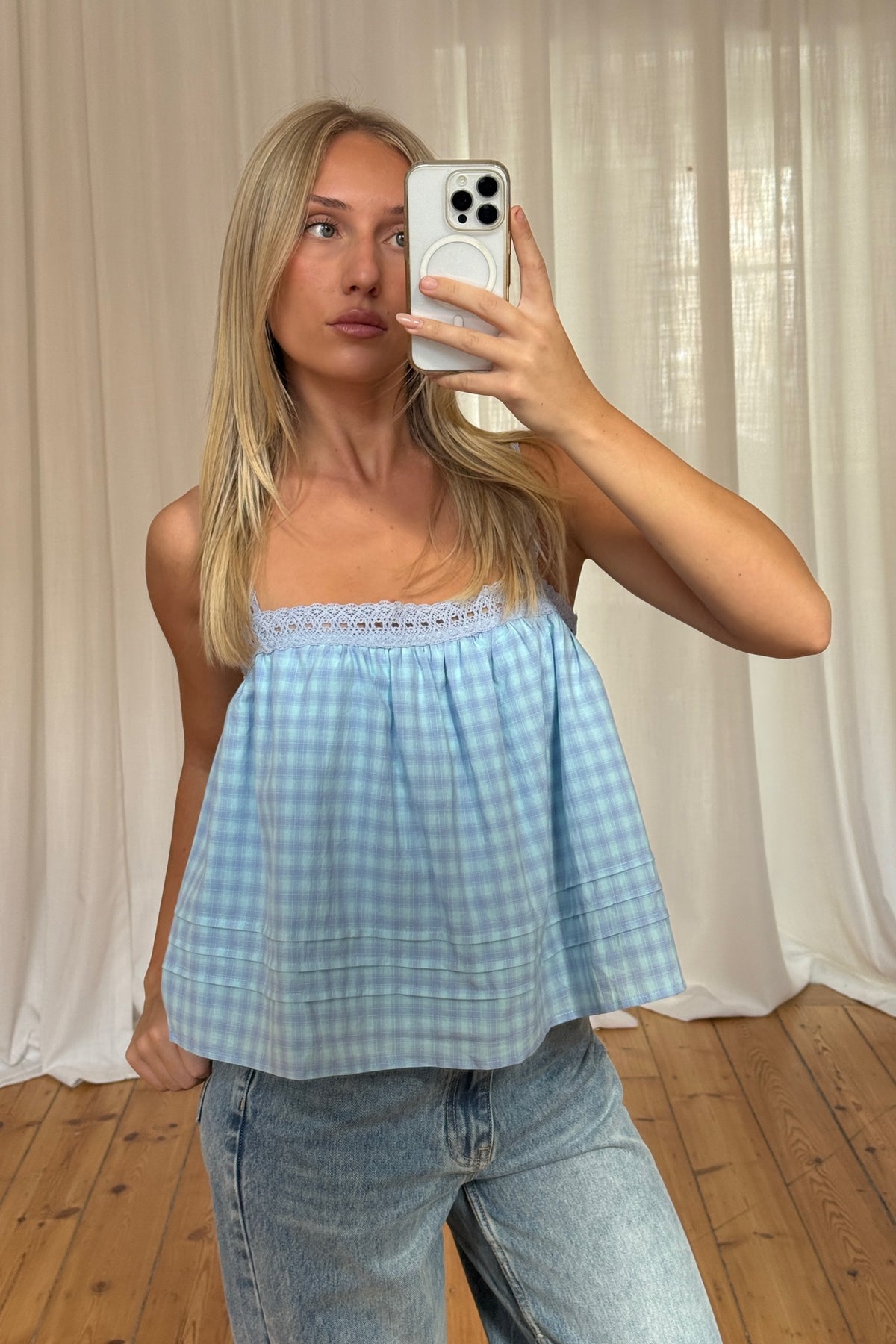 Lottie Lace Trim Top Sky