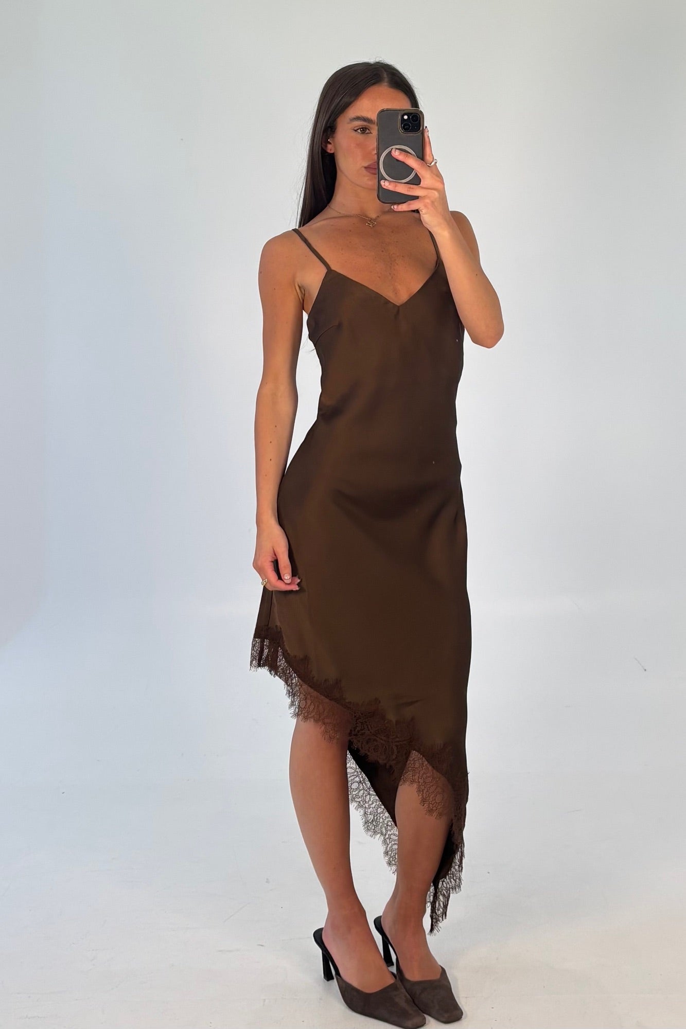 Margot Satin Lace Dress Chocolate