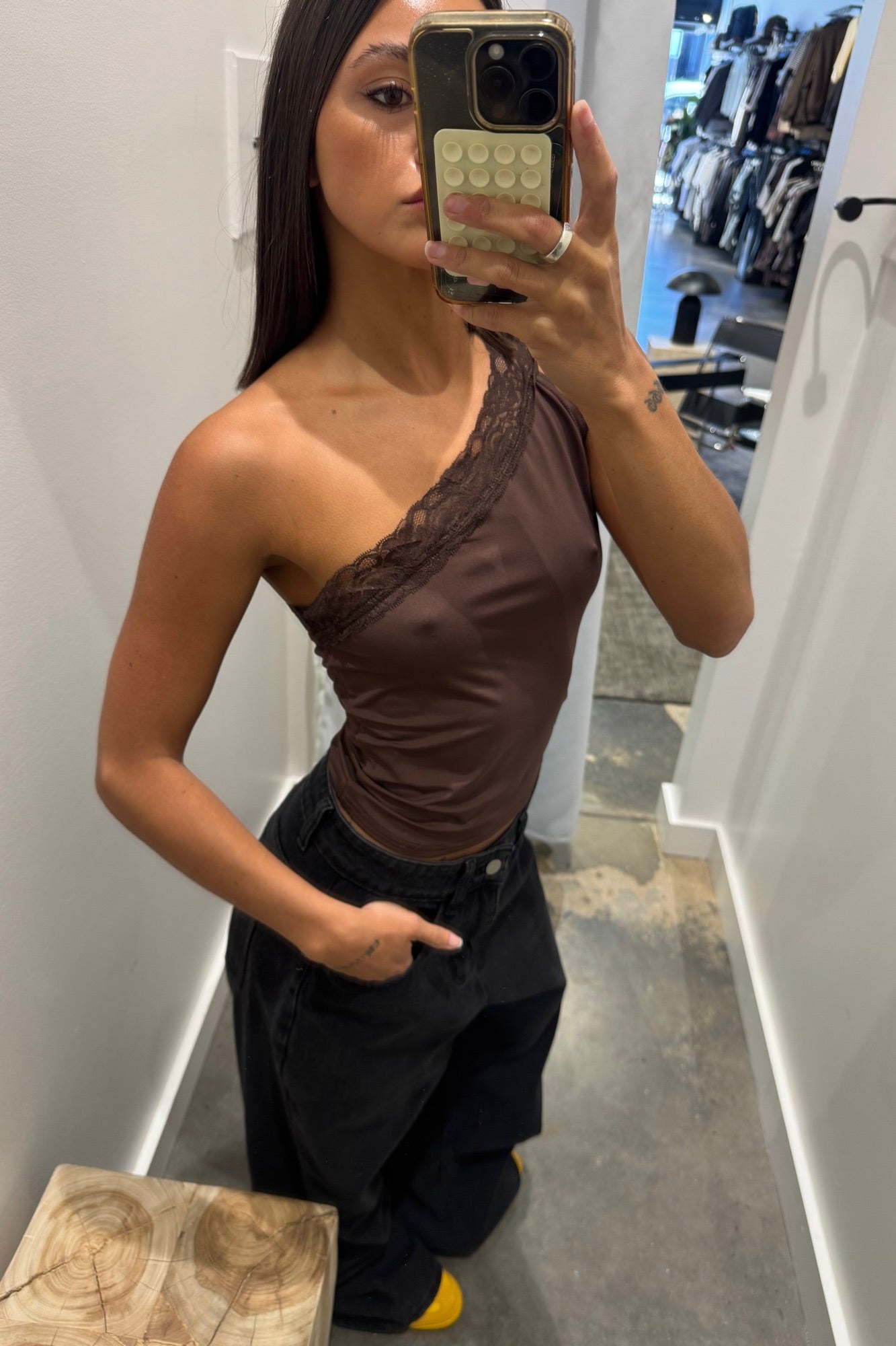 Bek Lace Trim Top Chocolate