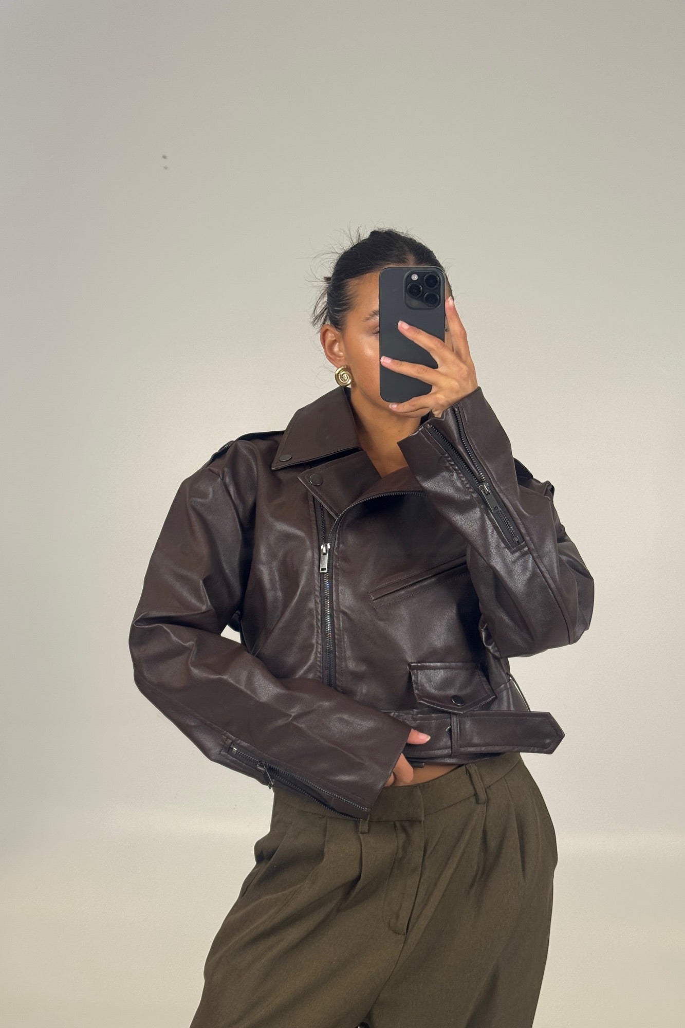 Lili Cropped Biker Jacket Chocolate