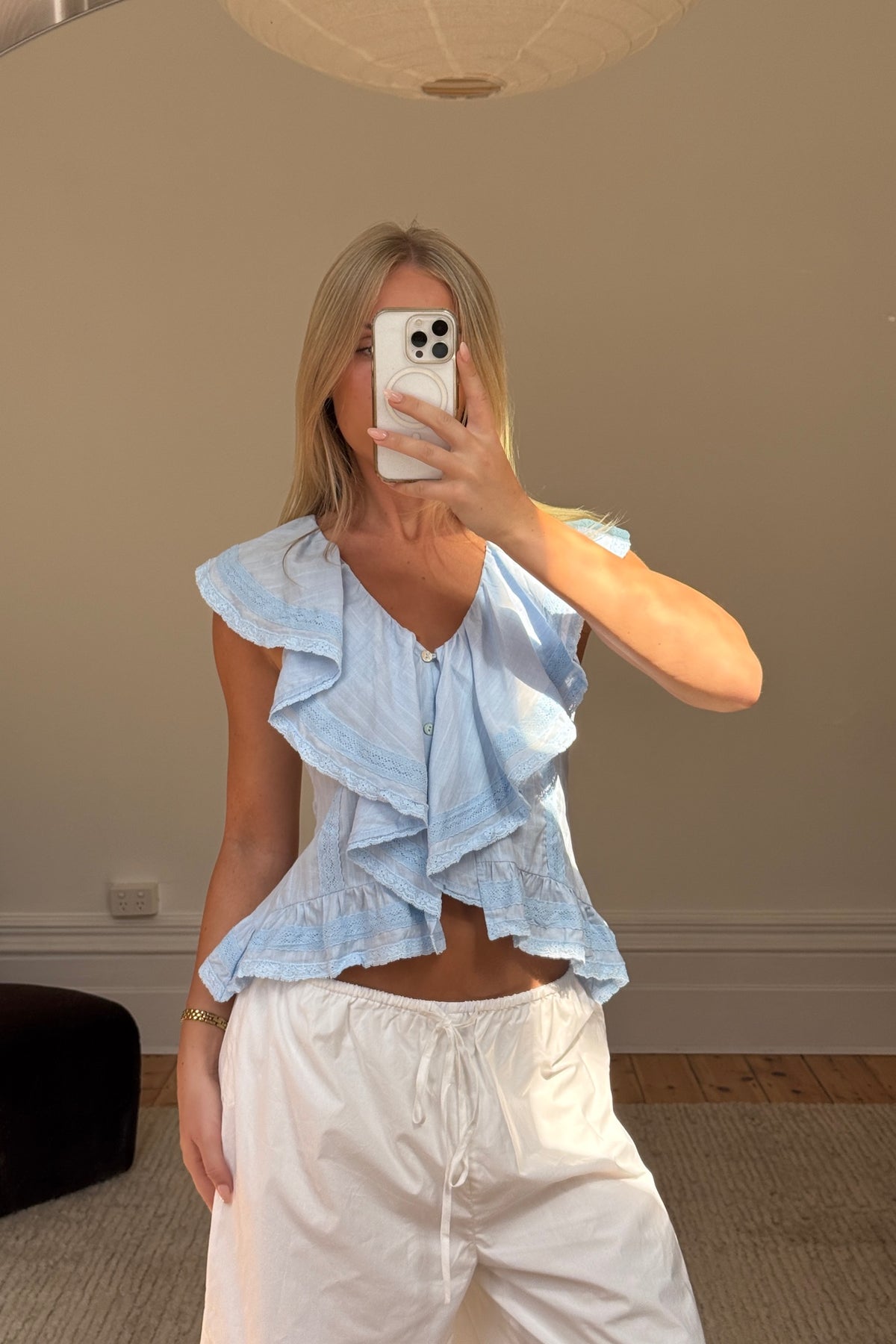 Dainty Lace Trim Top Sky