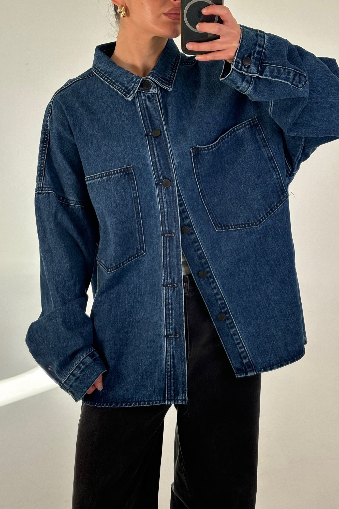 Unisex Drop Shoulder Denim Shirt Dark Blue