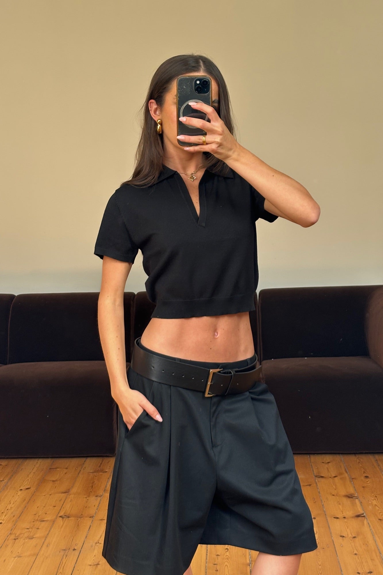 Lena Cropped Polo Black