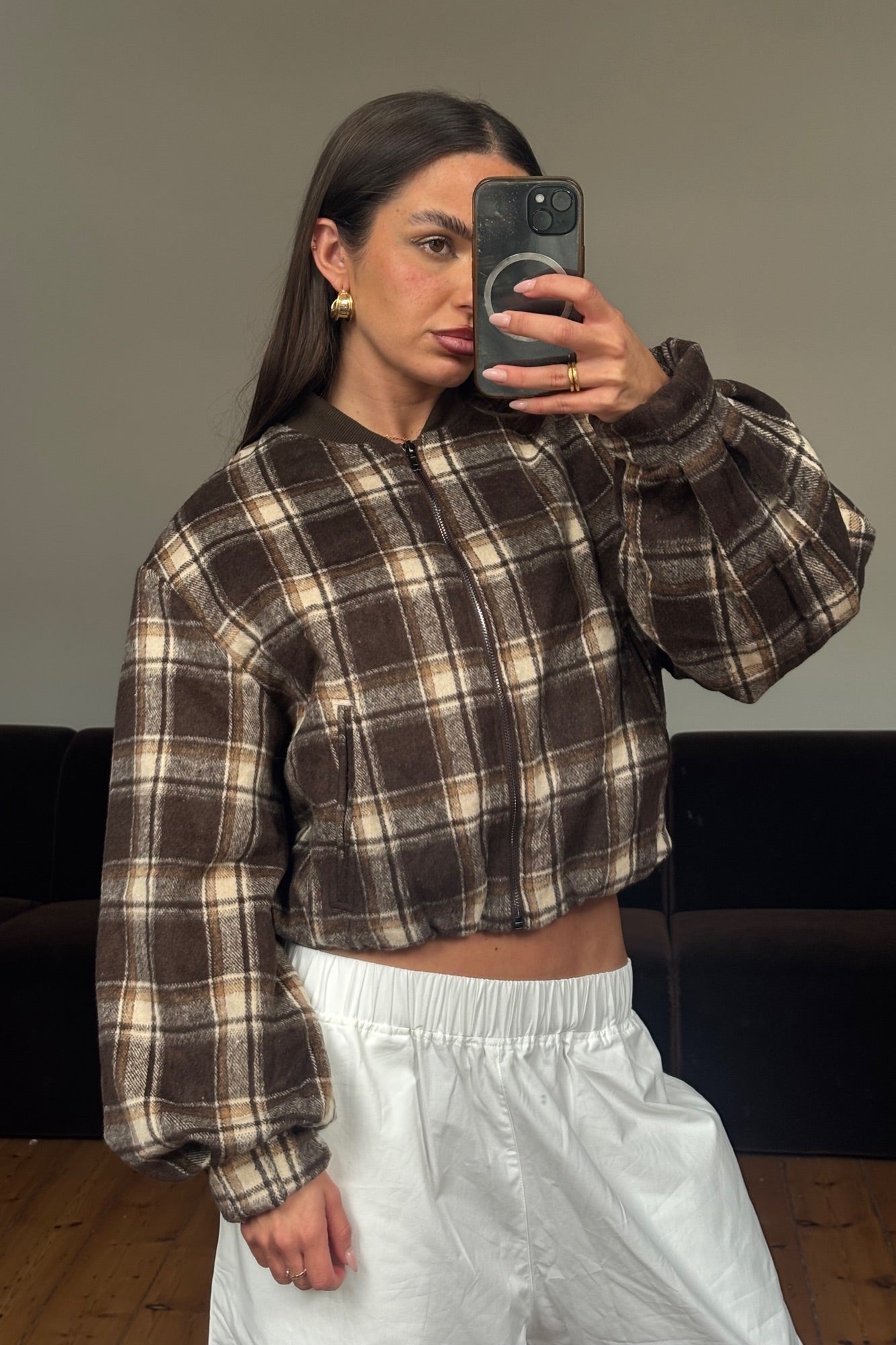 Clara Bomber Brown Check