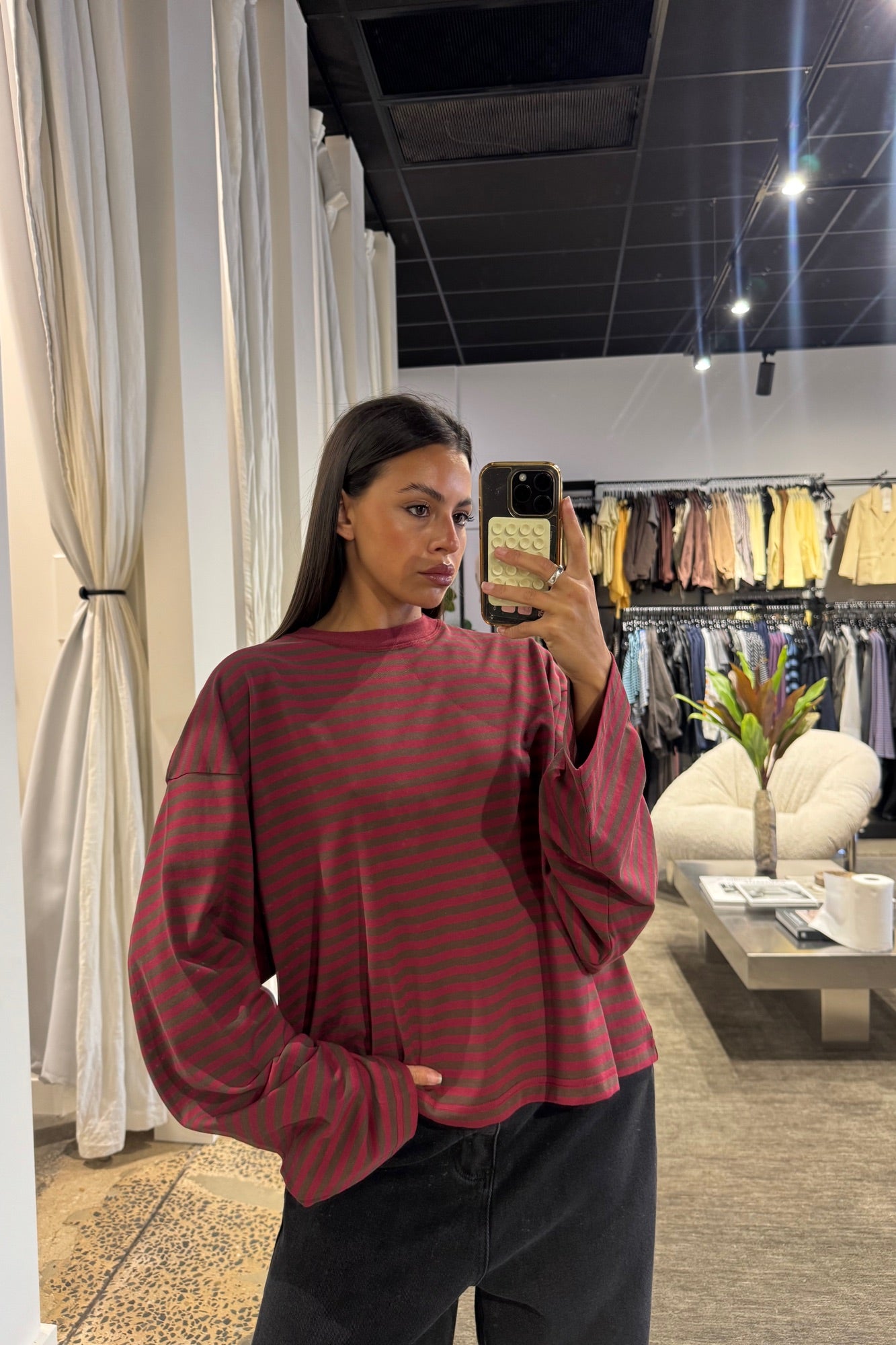 Bloom Long Sleeve Chocolate Wine Stripe