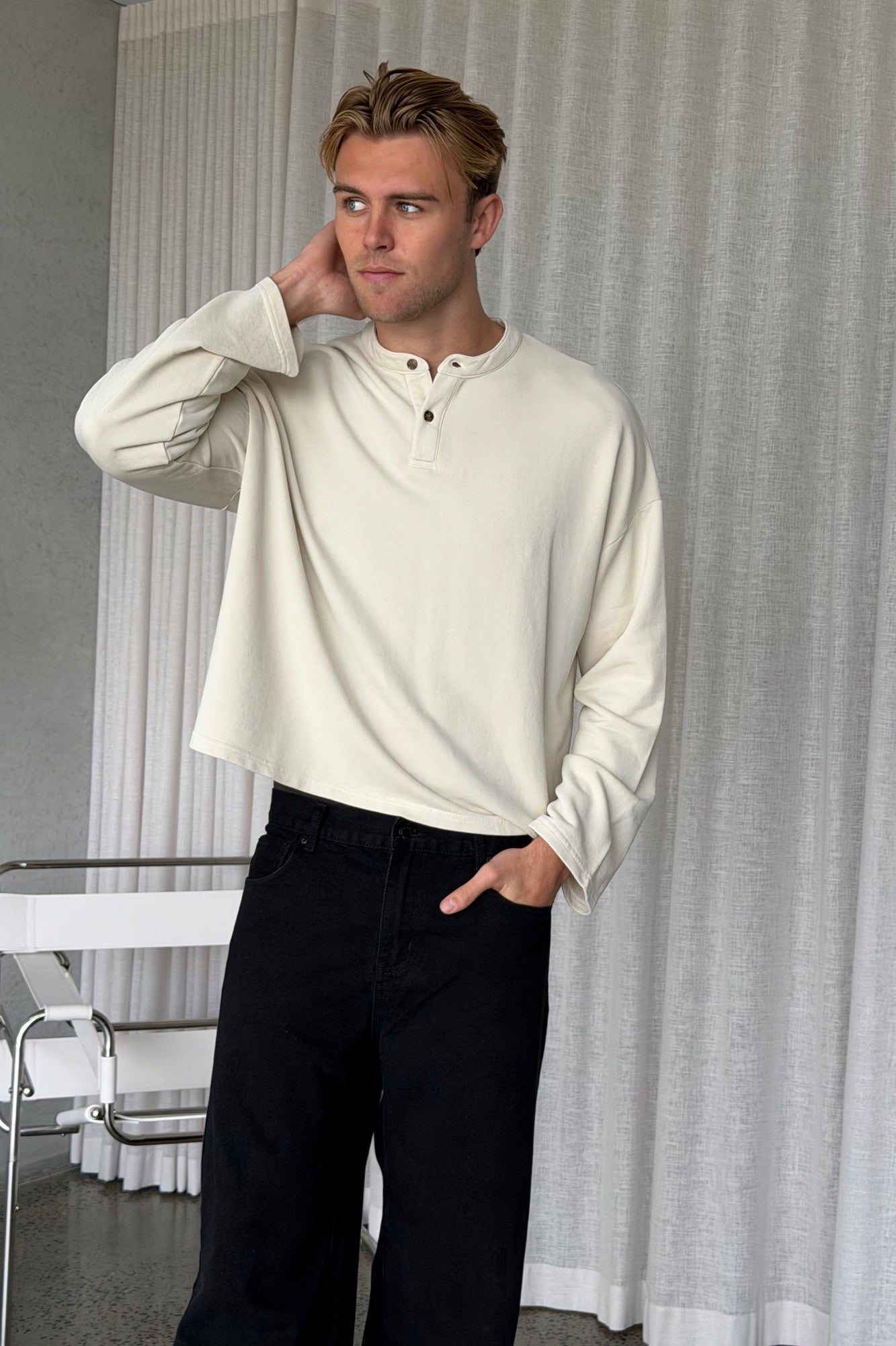 Fleece Crop Henley Ivory