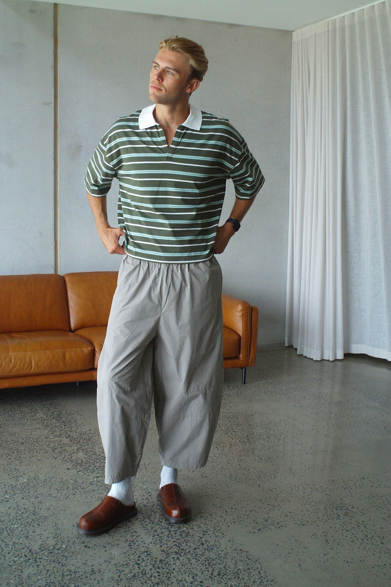 Jersey Crop Polo Olive Stripe