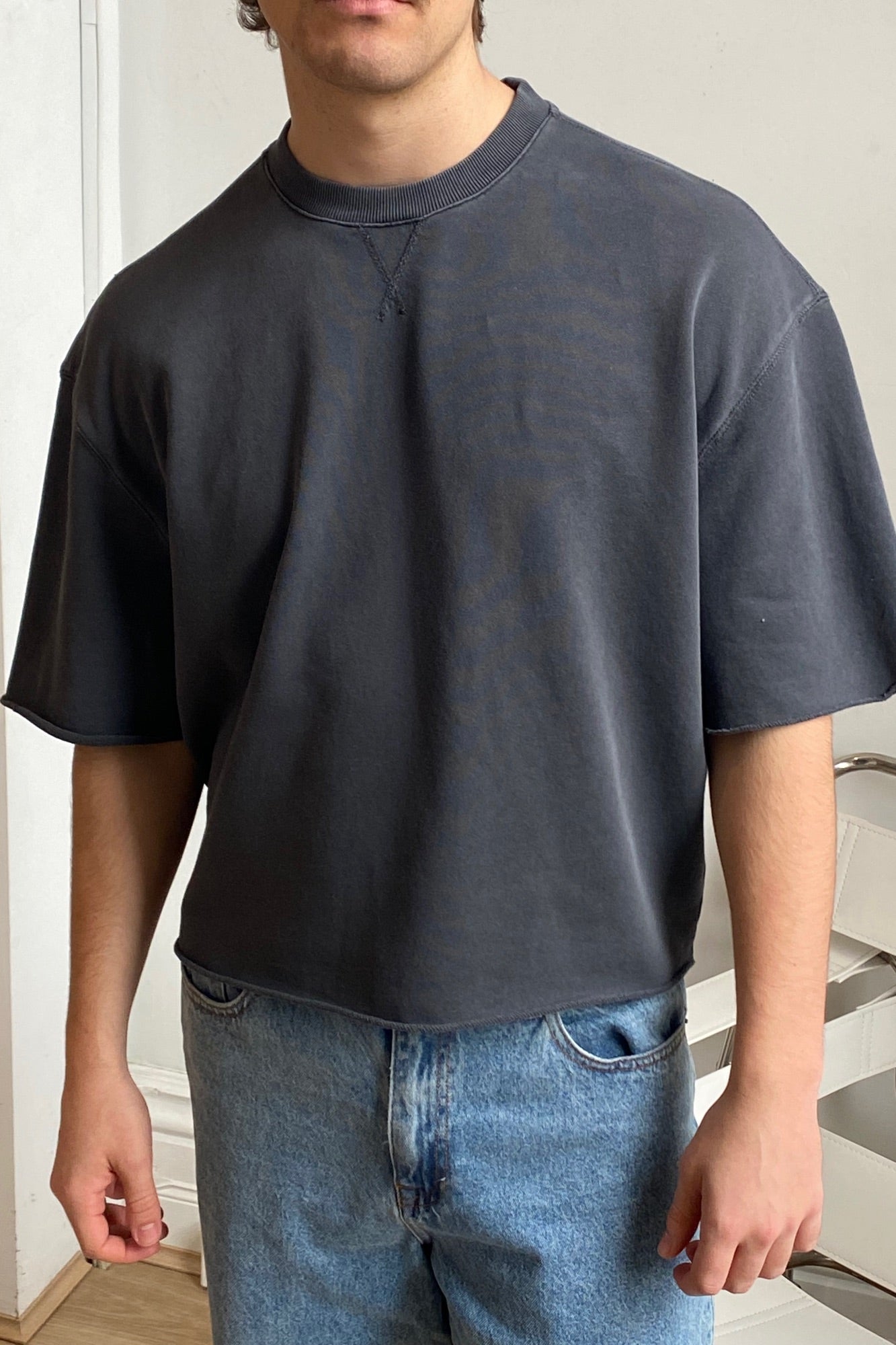 Crop Box Fleece Tee Charcoal