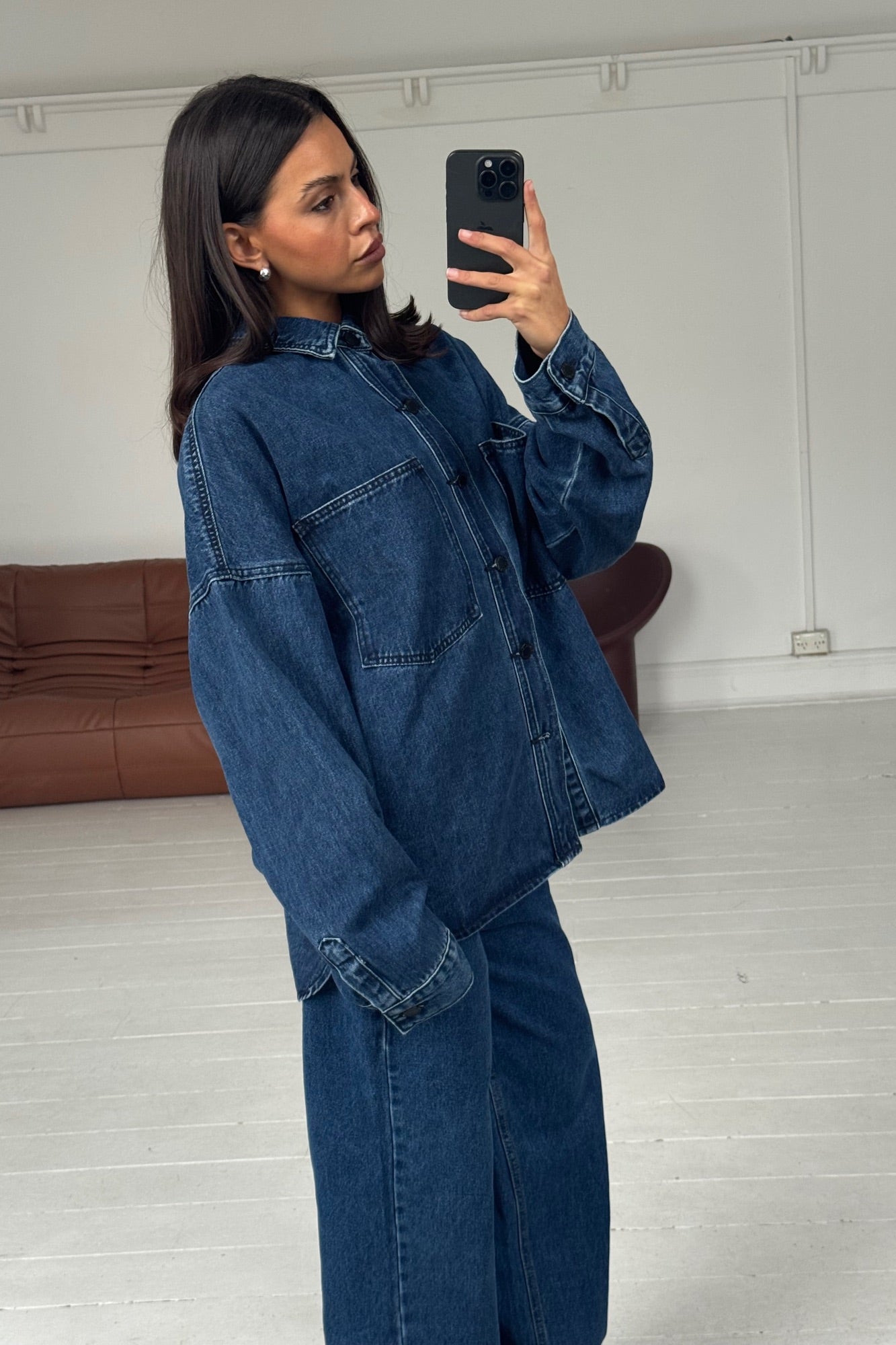 Unisex Drop Shoulder Denim Shirt Dark Blue
