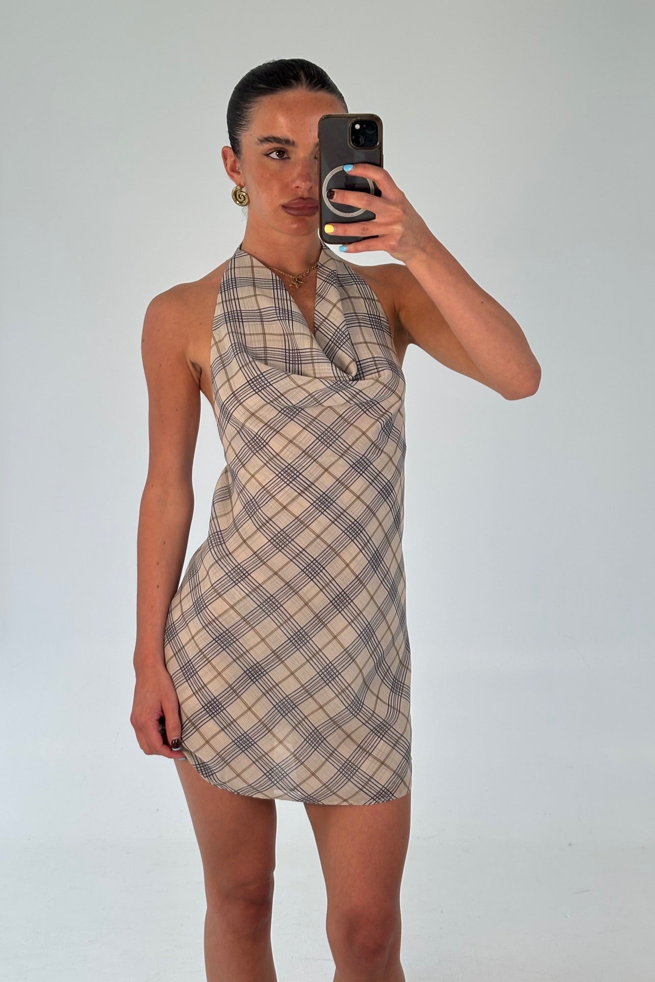 Banks Halter Mini Dress Beige Plaid