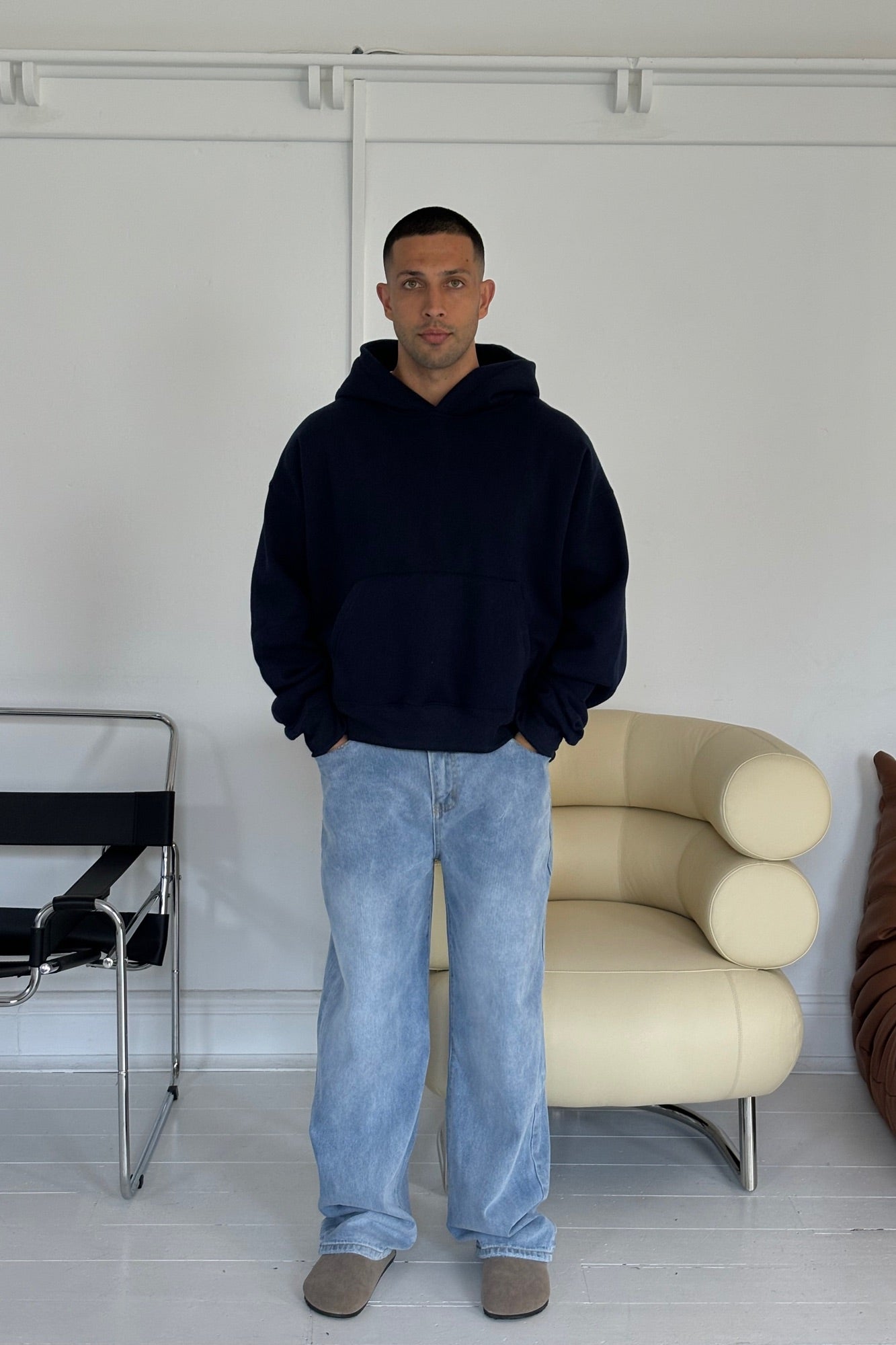 Roman Cropped Drop Hoodie Navy