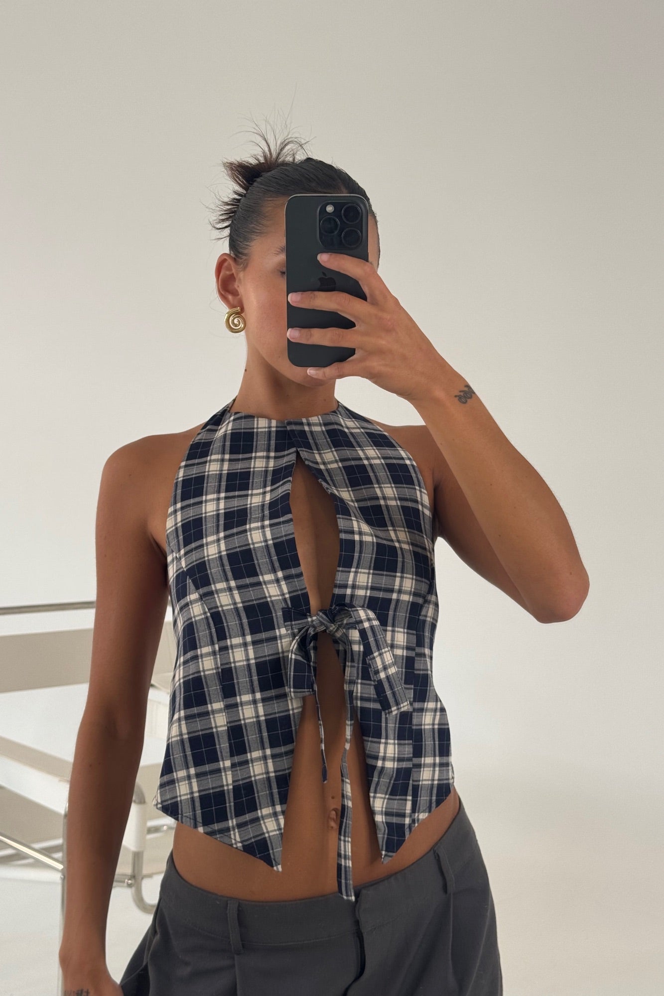 Butterfly Tie Top Navy Check