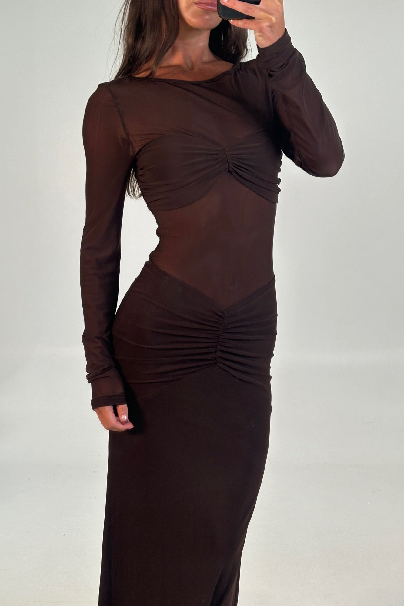 Romy Sleeved Ruched Maxi Dress Bitter Chocolate