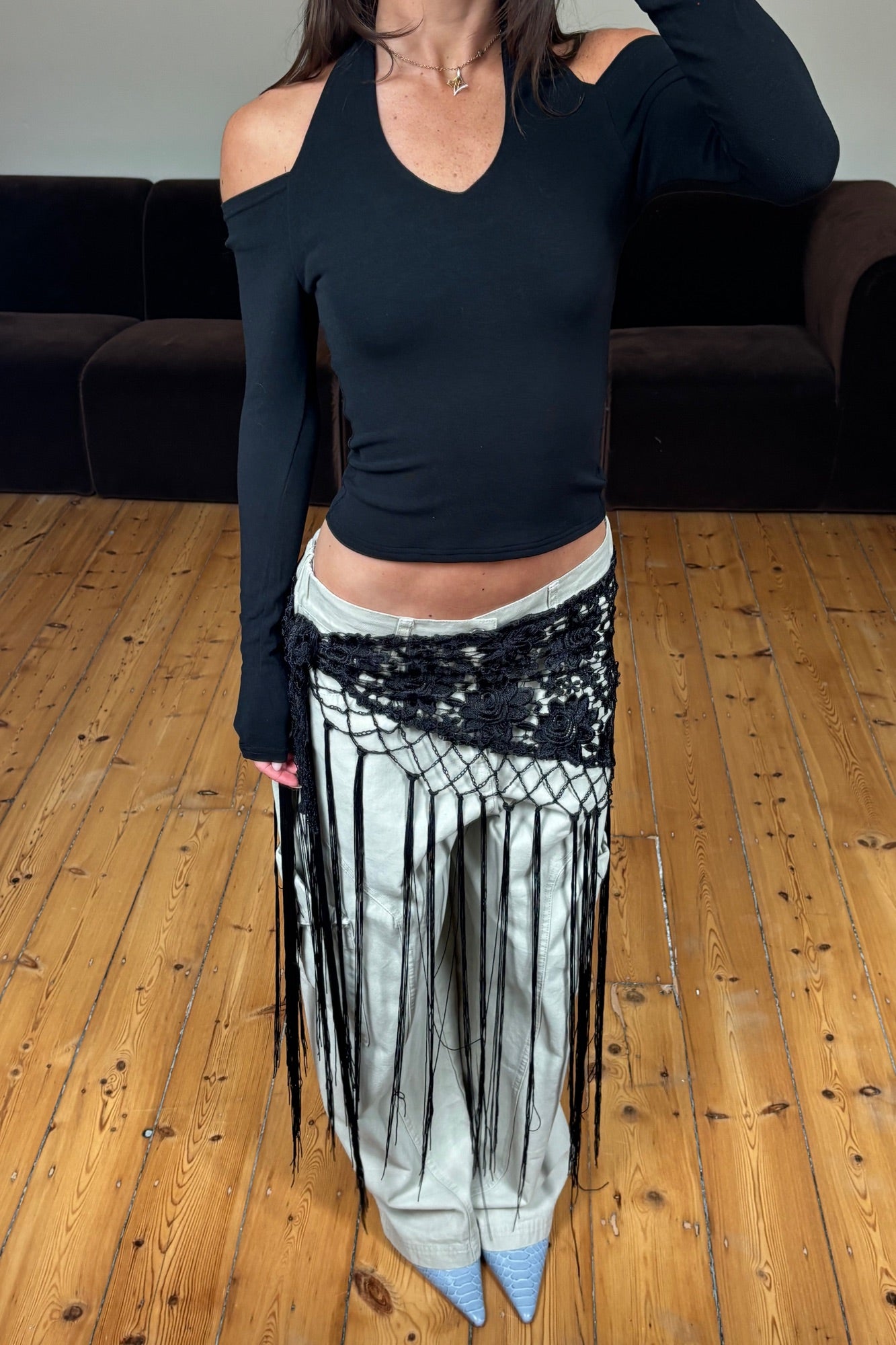 Andrea Fringe Scarf Belt Black