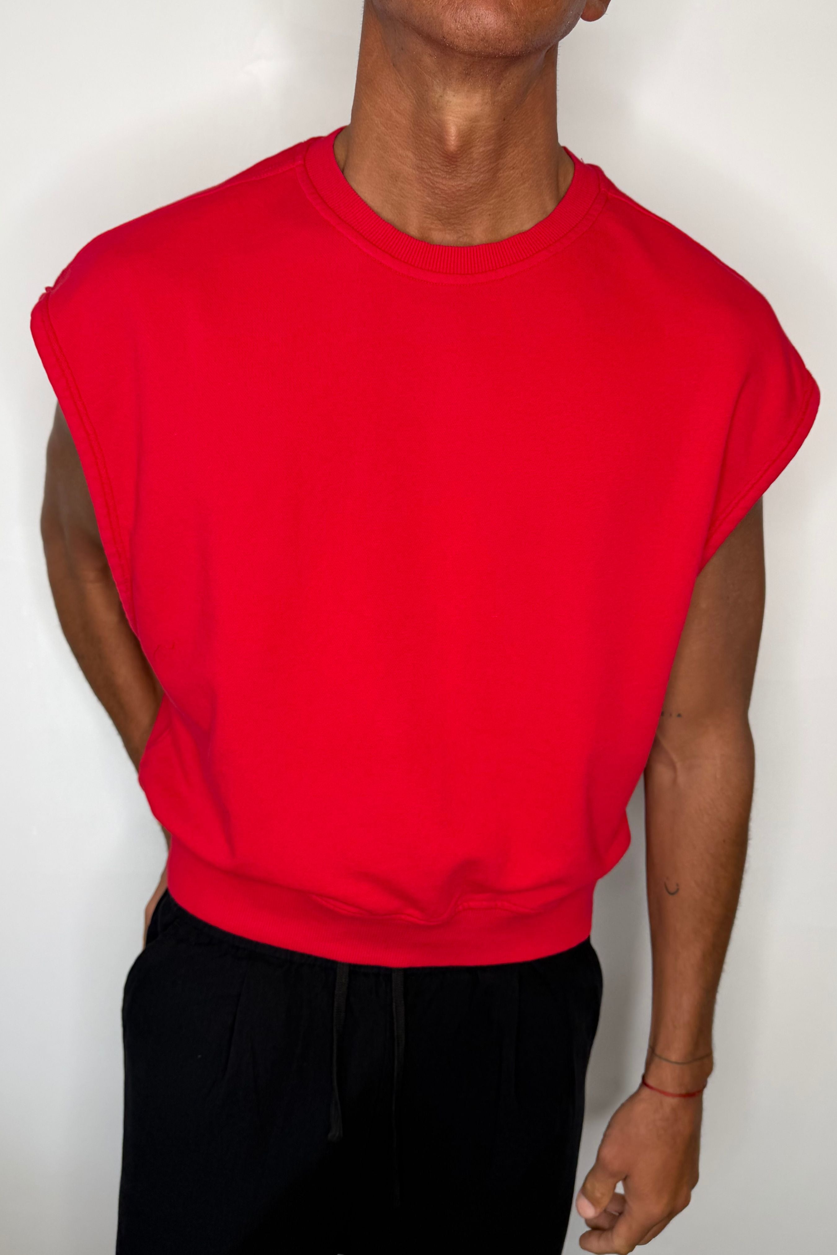 Cropped Fleece Ribbed Tank Red