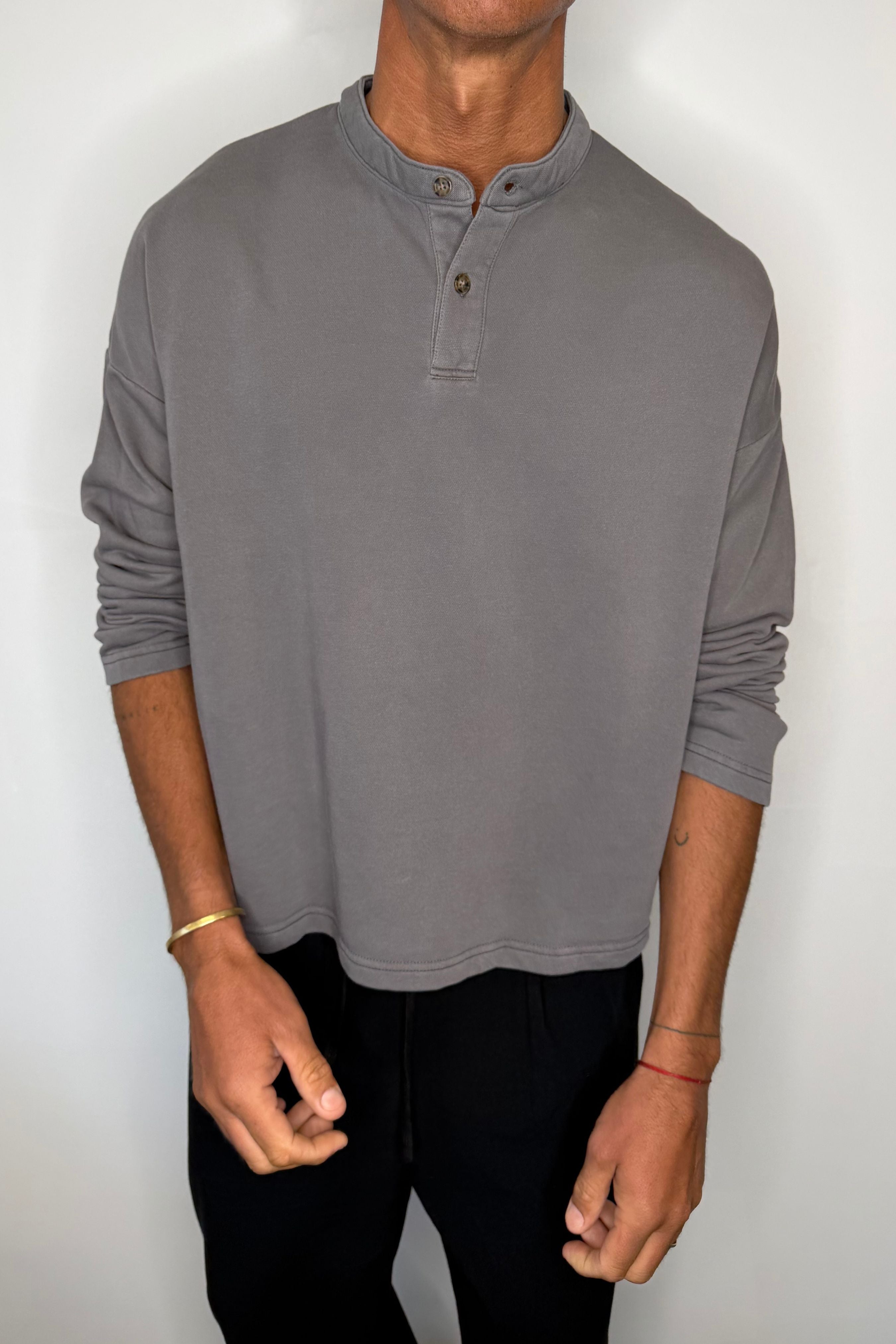 Fleece Crop Henley Charcoal