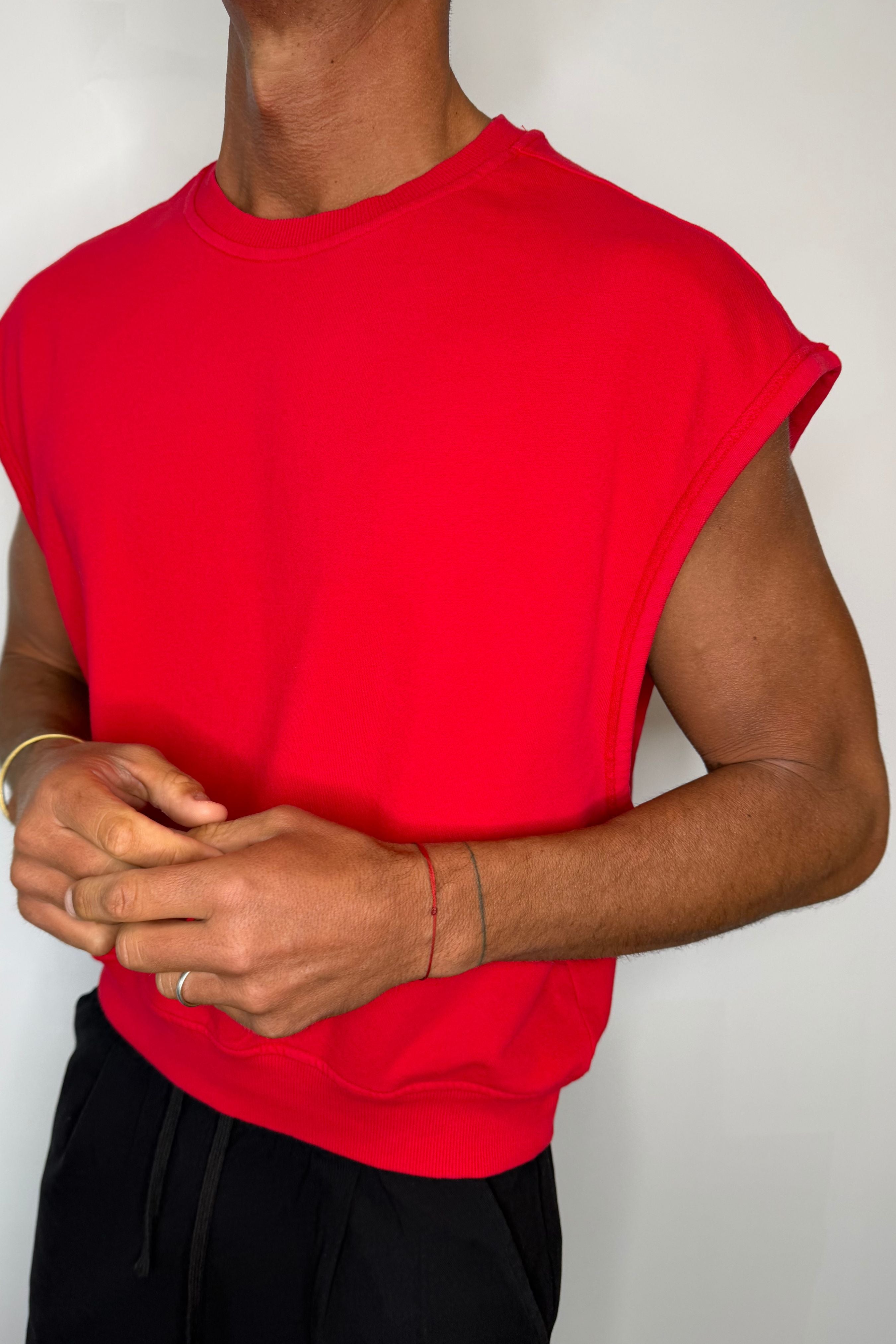Cropped Fleece Ribbed Tank Red