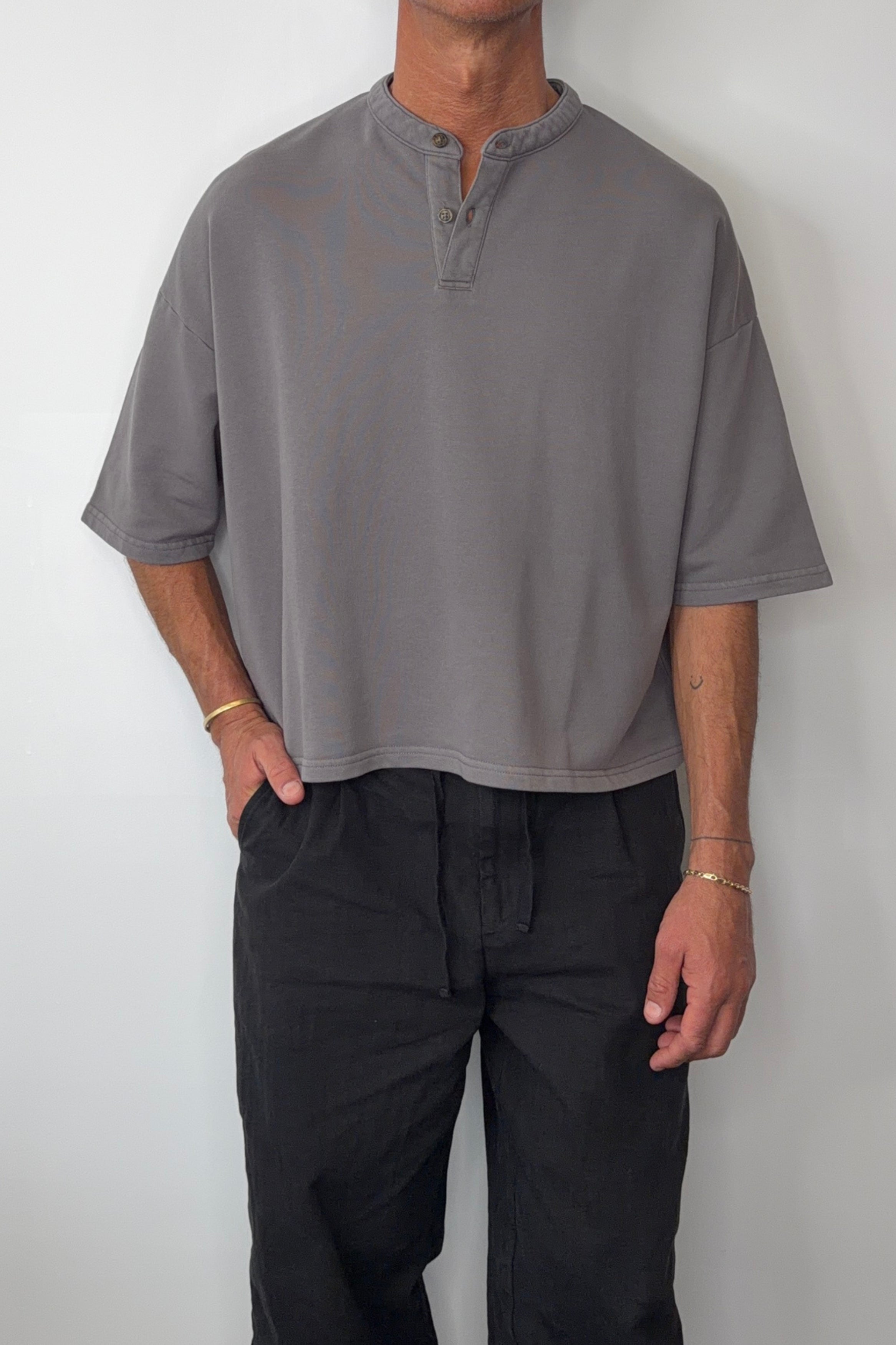 Fleece Crop Henley Tee Charcoal