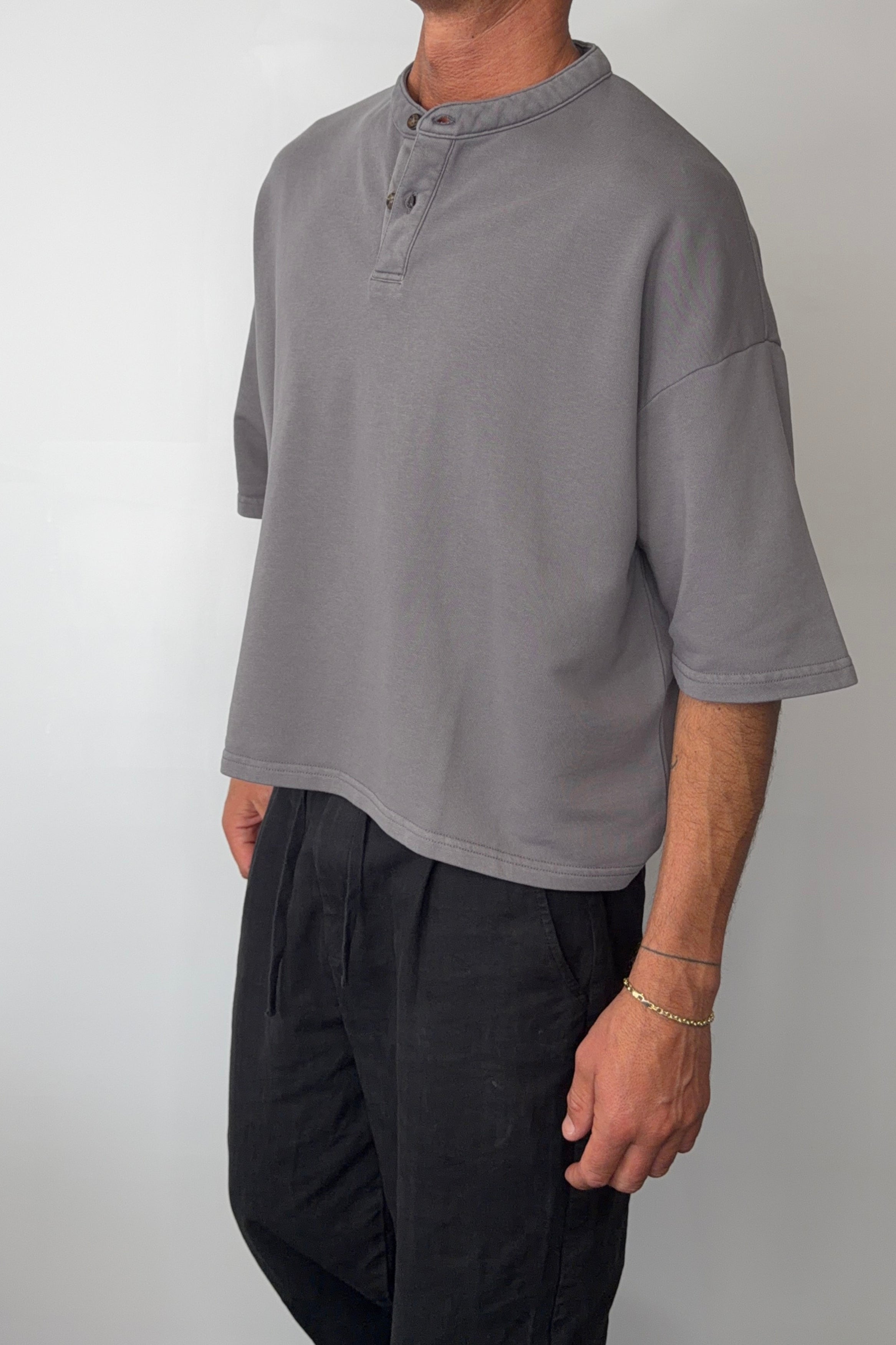 Fleece Crop Henley Tee Charcoal