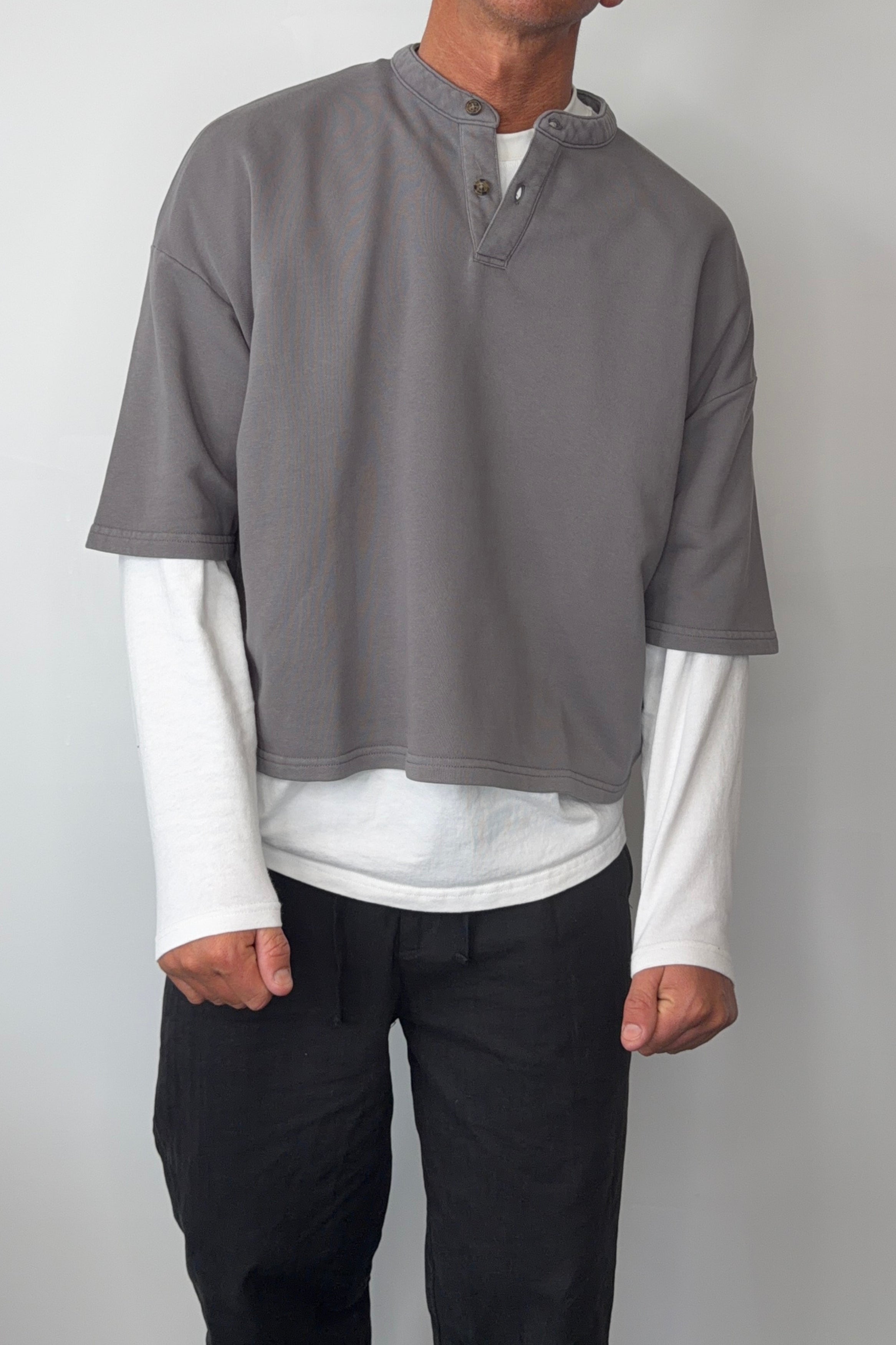 Fleece Crop Henley Tee Charcoal