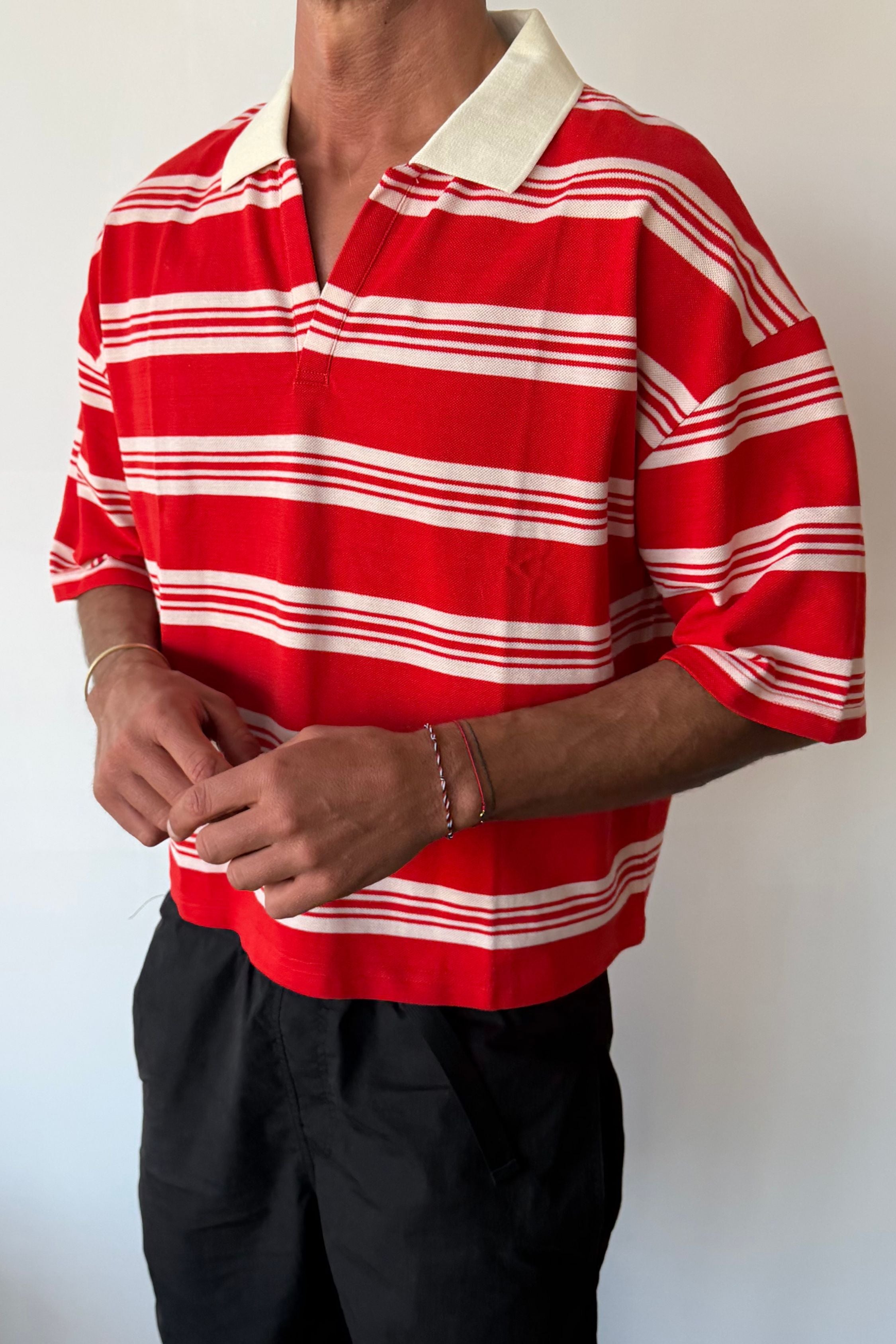 Jersey Crop Polo Red Stripe