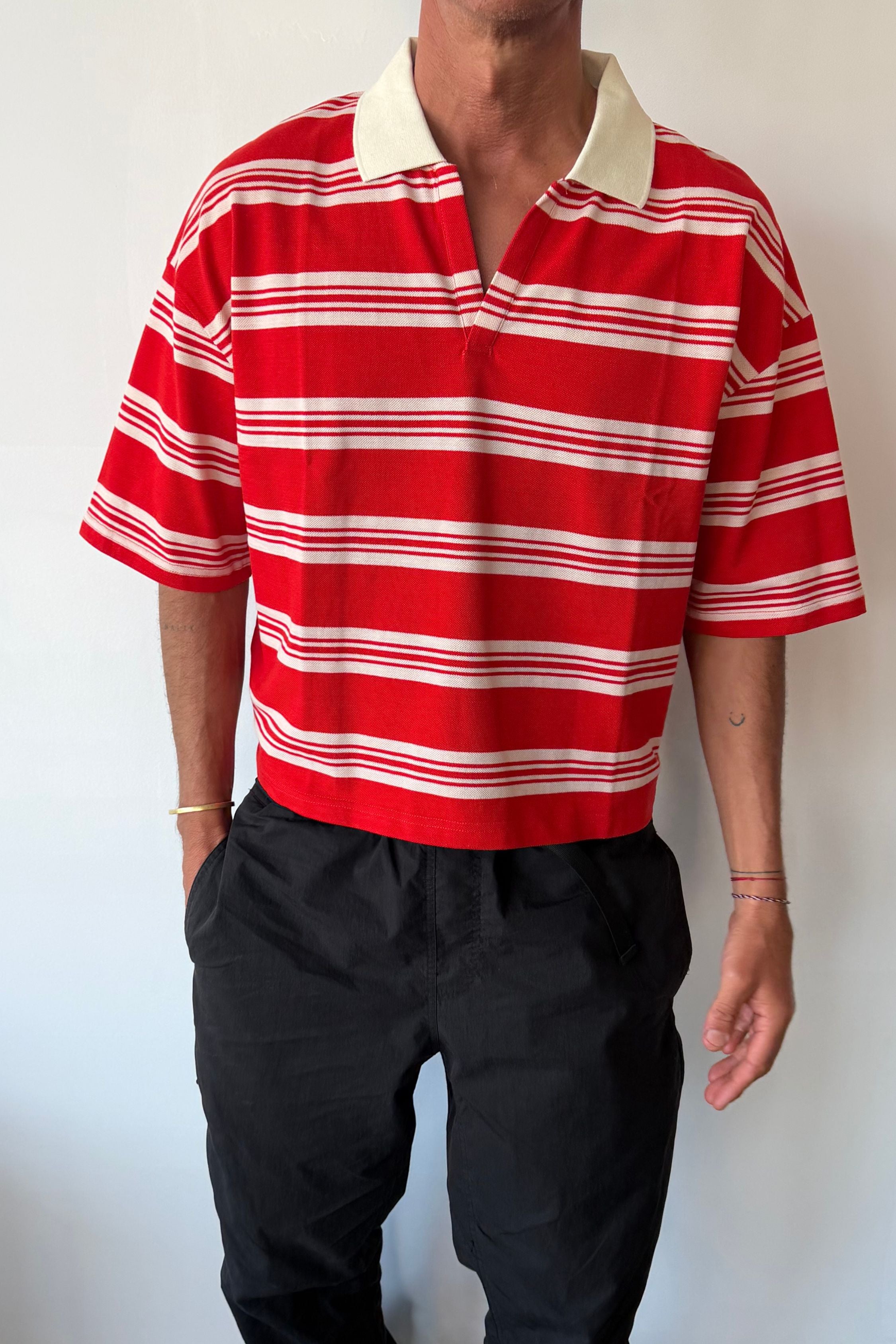 Jersey Crop Polo Red Stripe