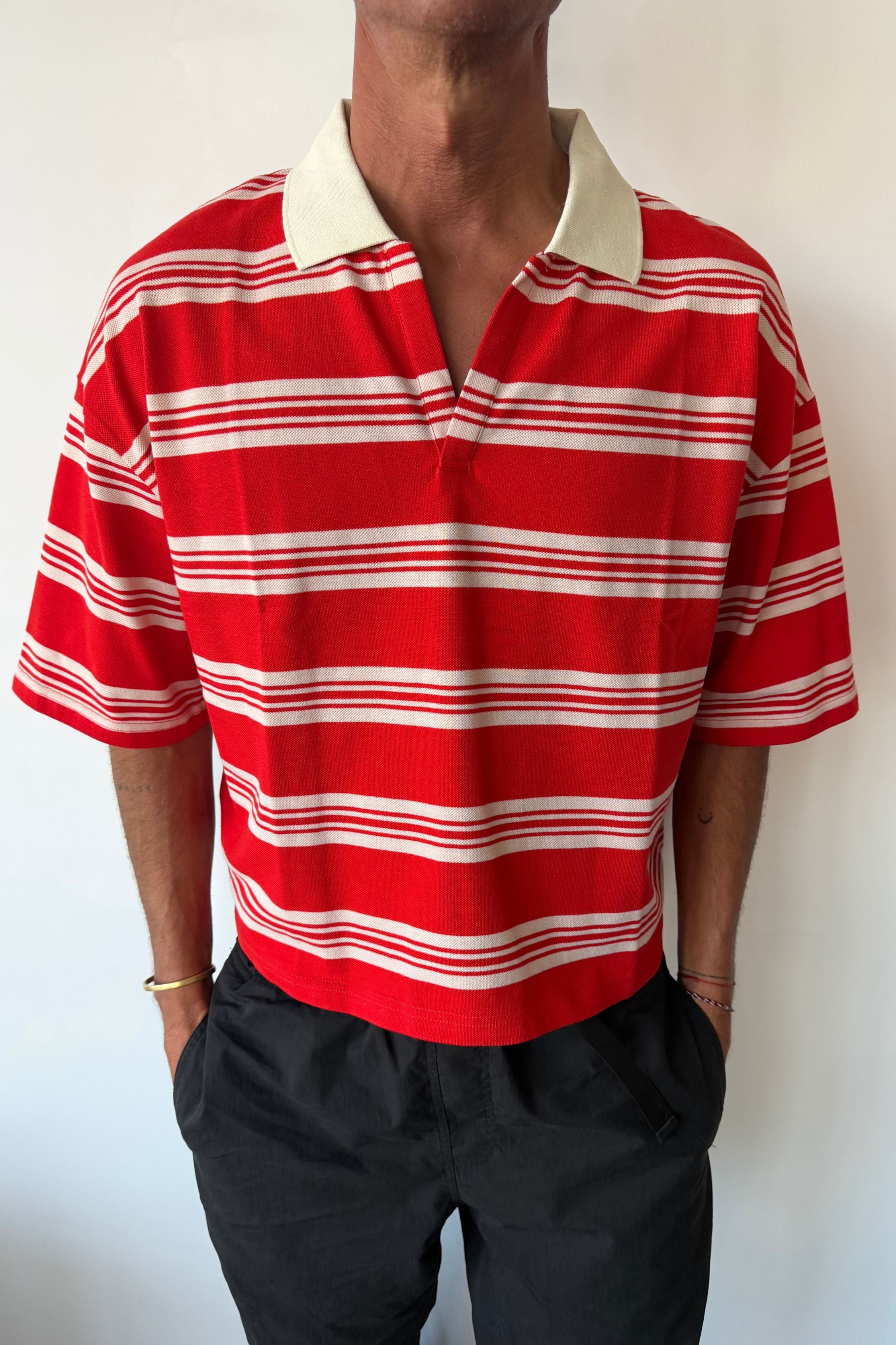 Jersey Crop Polo Red Stripe