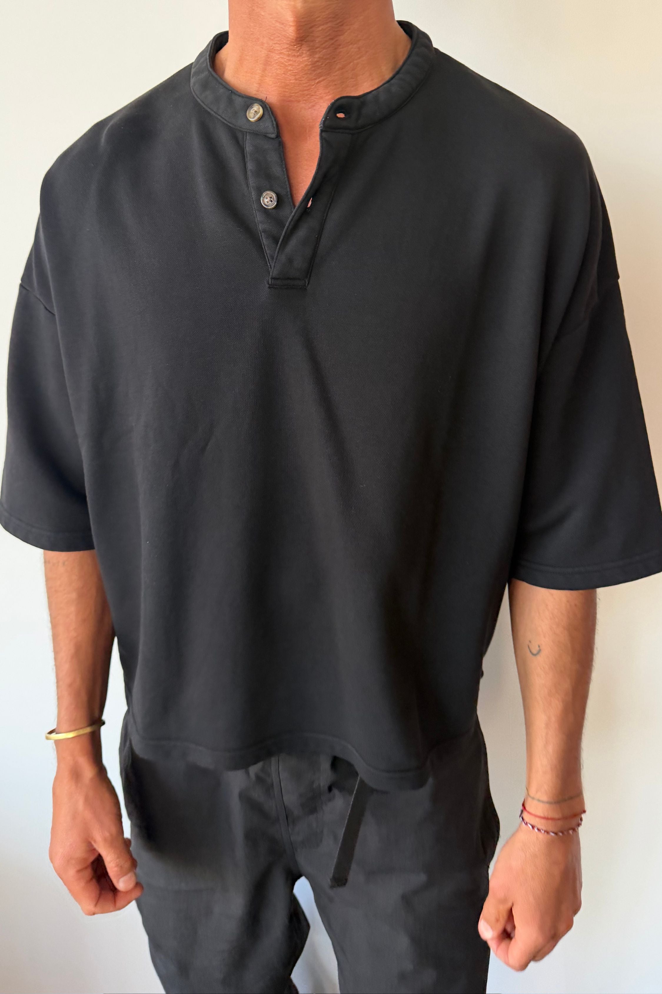 Fleece Crop Henley Tee Black