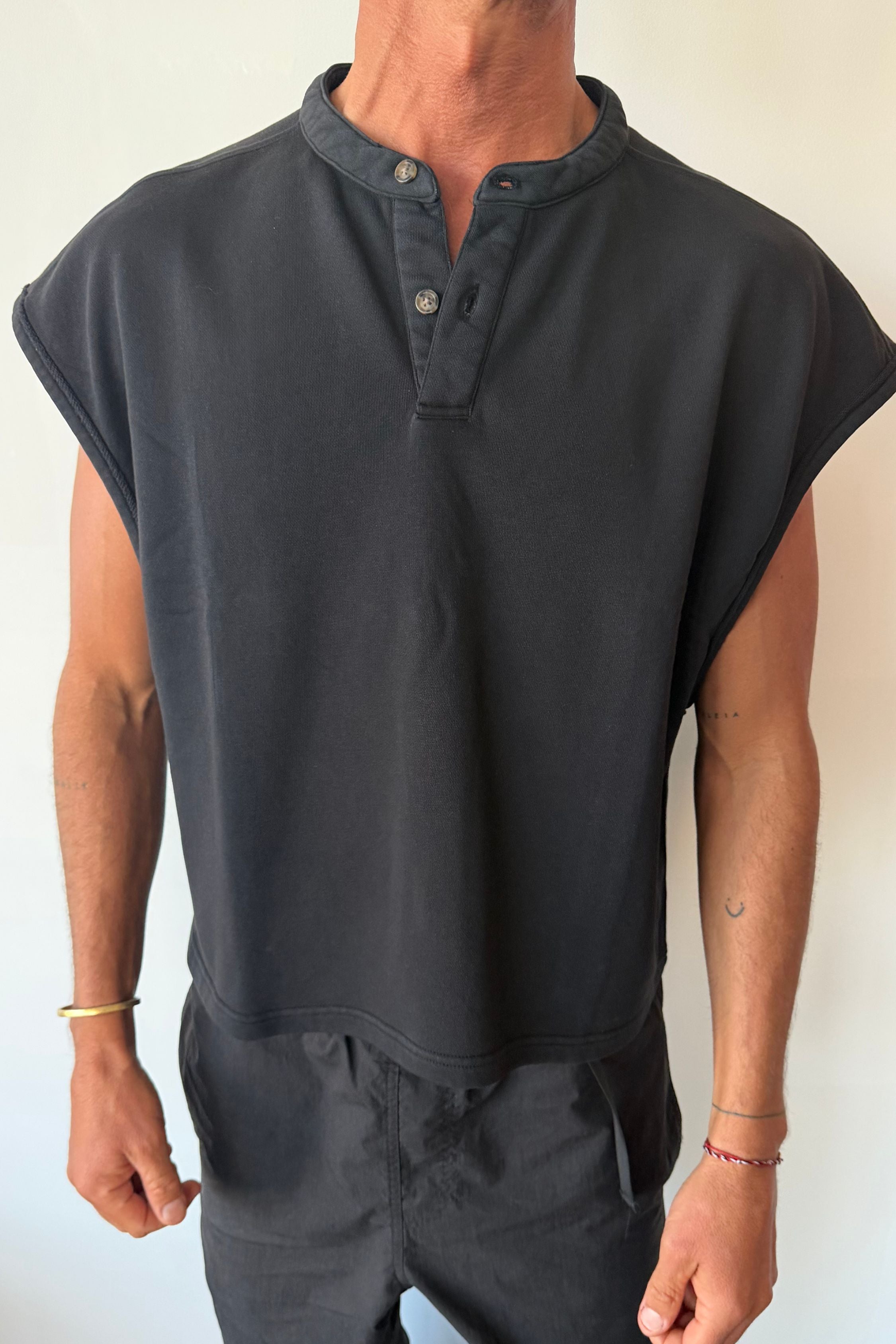 Fleece Crop Henley Tank Black