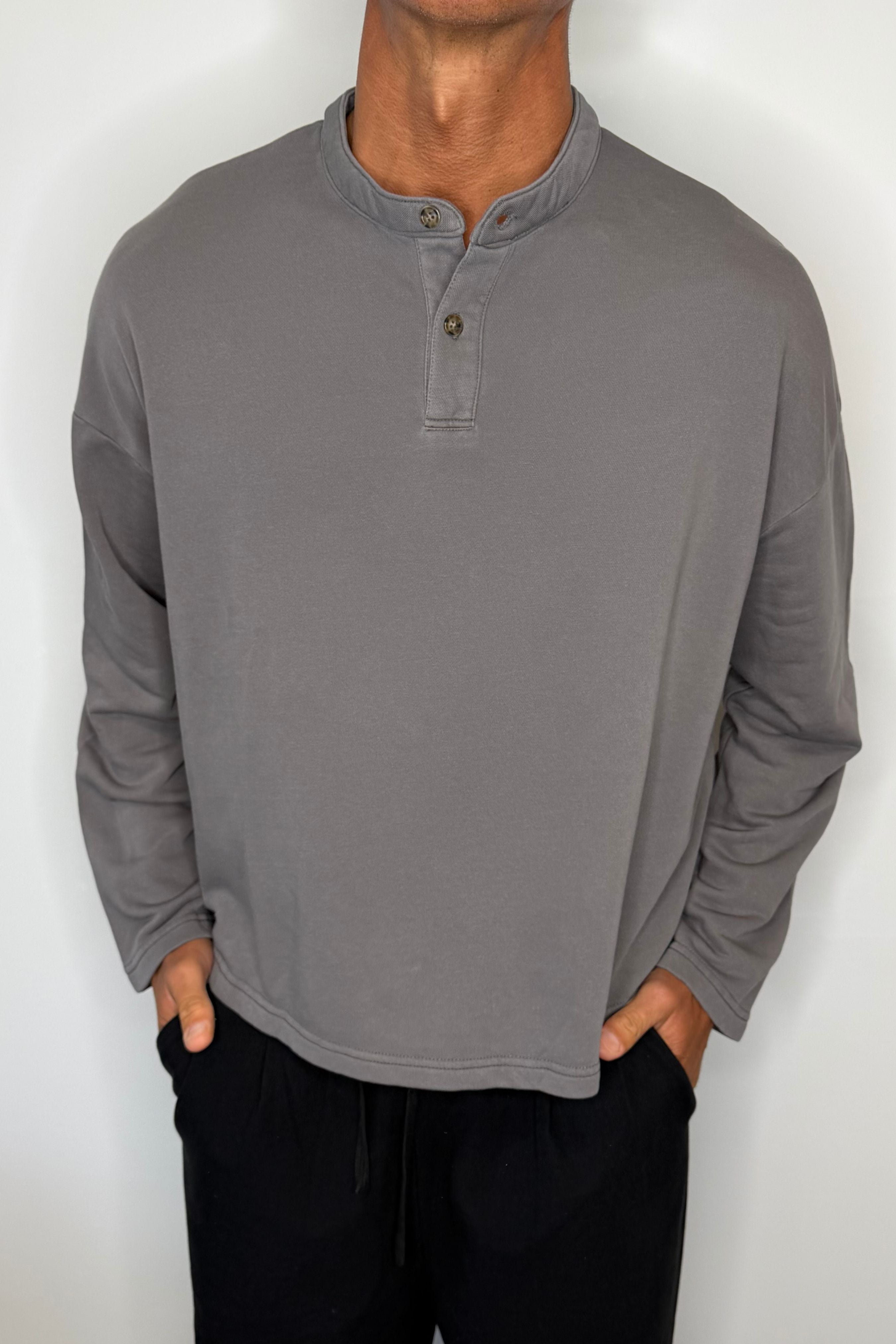 Fleece Crop Henley Charcoal