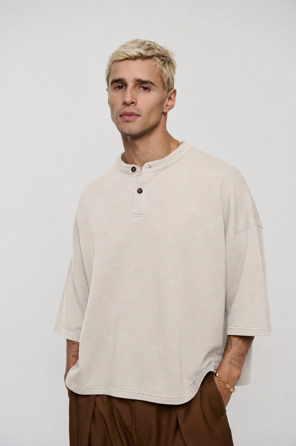 Fleece Crop Henley Tee Ivory