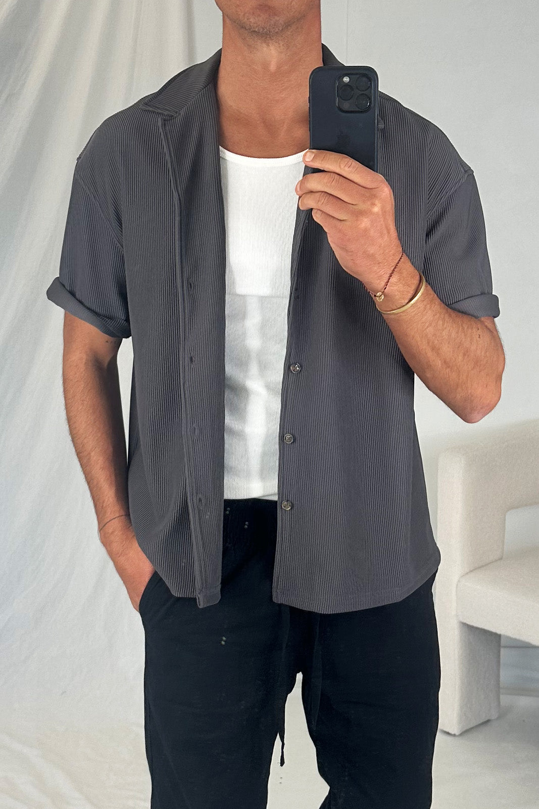 Raf Cropped Shirt Ribbed Dark Grey