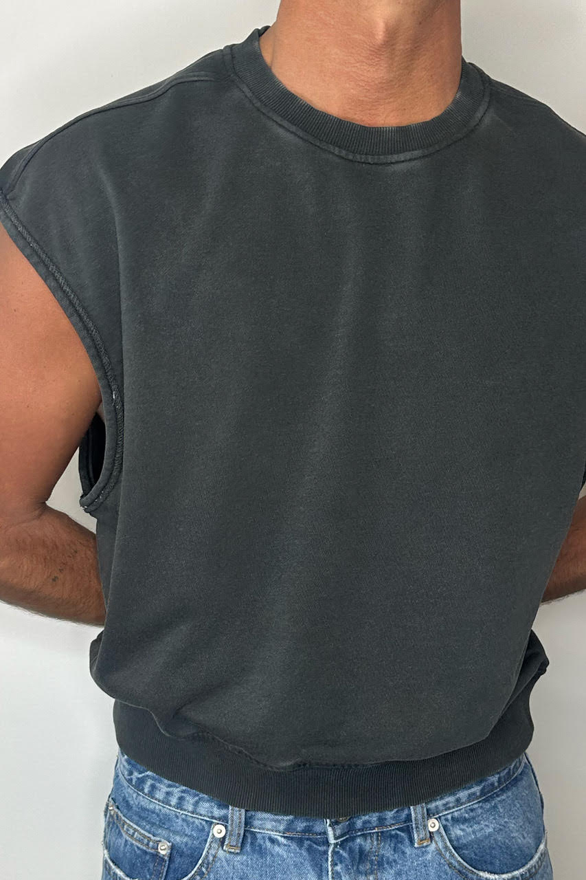 Cropped Fleece Ribbed Tank Charcoal