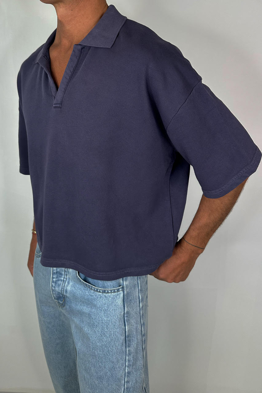 Jersey Crop Polo Washed Navy