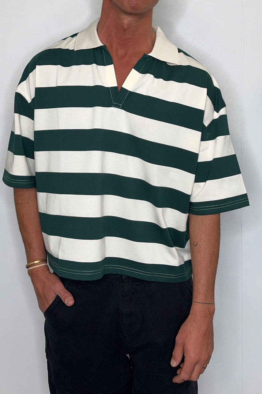 Jersey Crop Polo Stripe Emerald