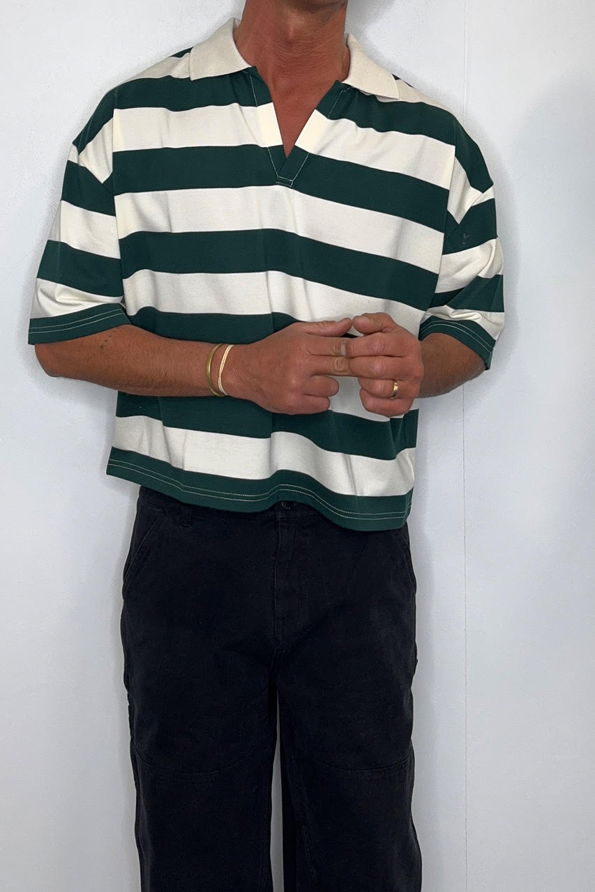 Jersey Crop Polo Stripe Emerald