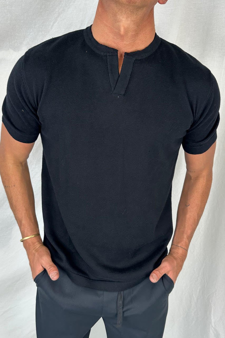 Knitted Split Neck Tee Black