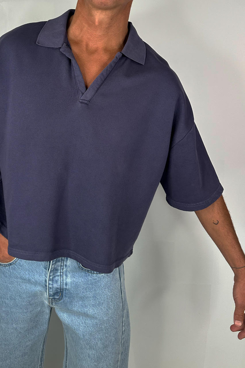 Jersey Crop Polo Washed Navy