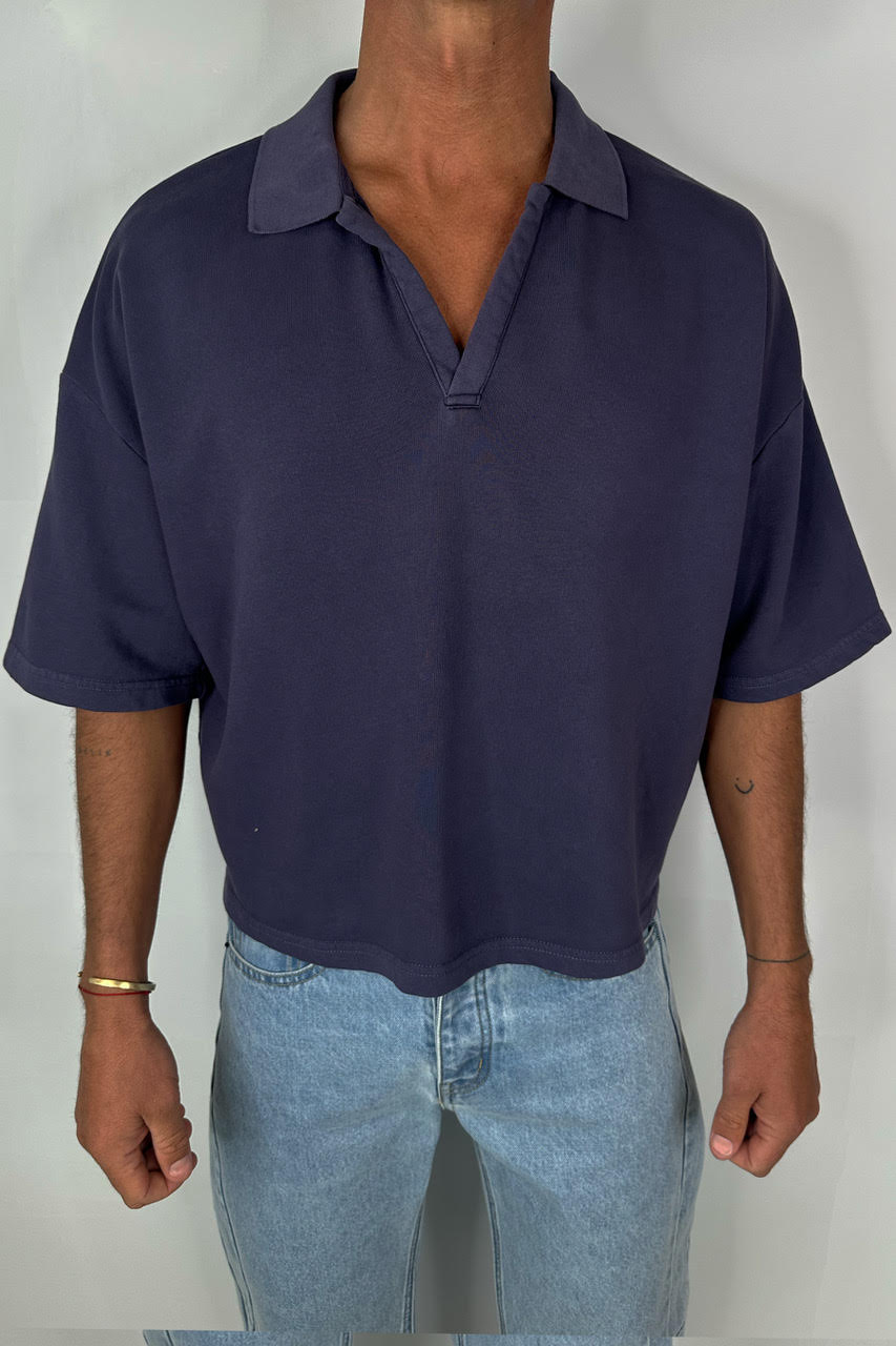 Jersey Crop Polo Washed Navy