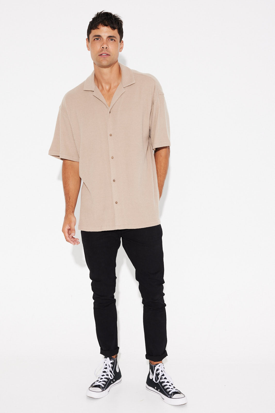 Cord Knit Short Sleeve Shirt Light Brown - FINAL SALE