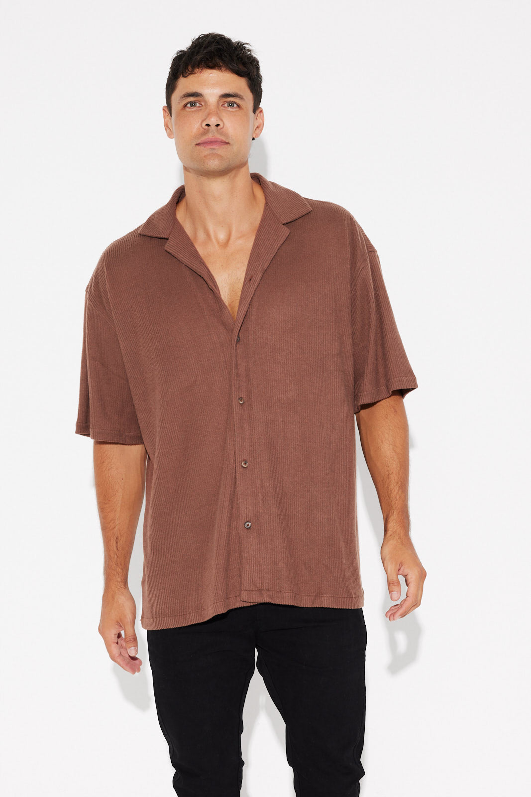 Cord Knit Short Sleeve Shirt Choc - FINAL SALE