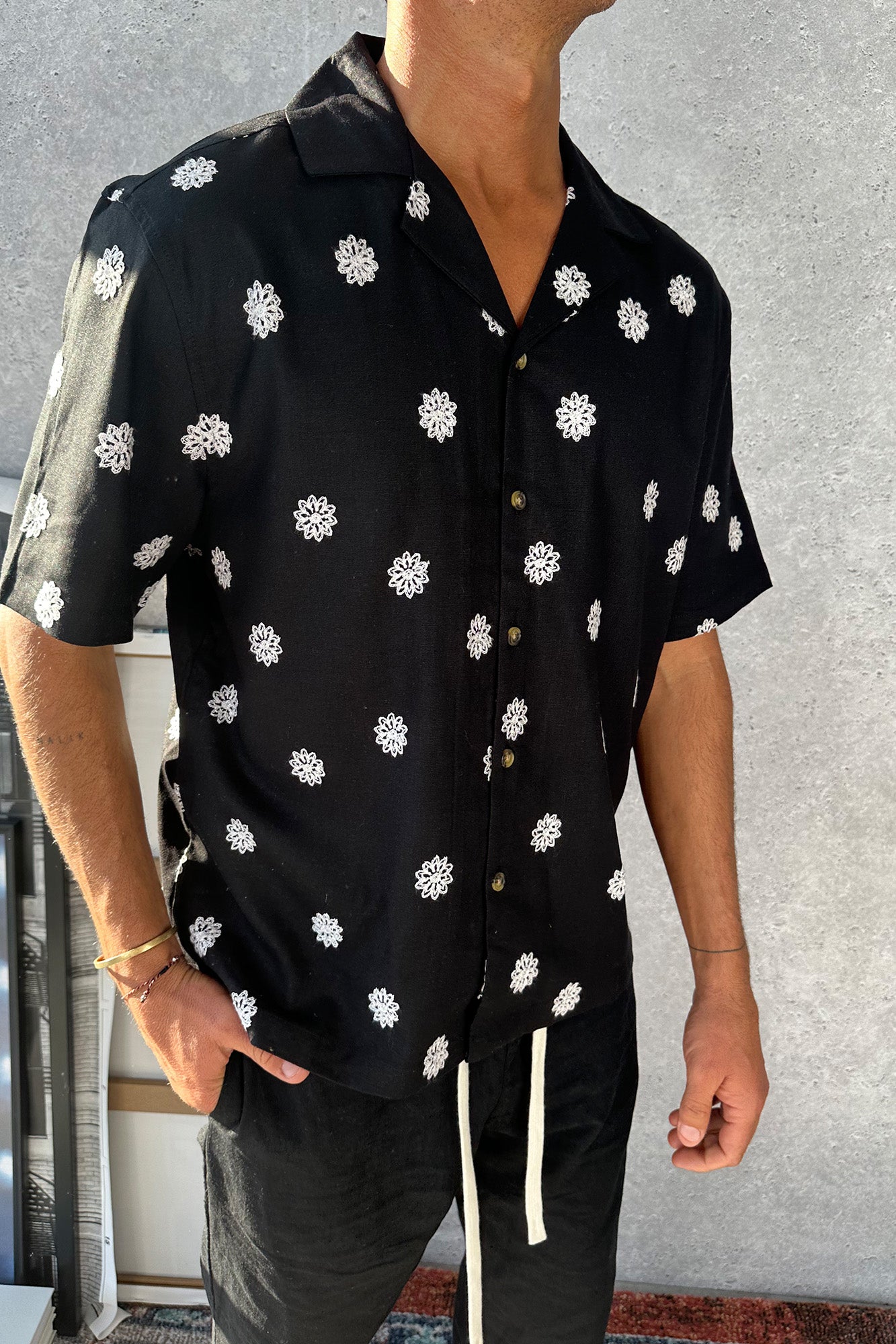 Raf Cropped Shirt Floral Embroidery Black - FINAL SALE
