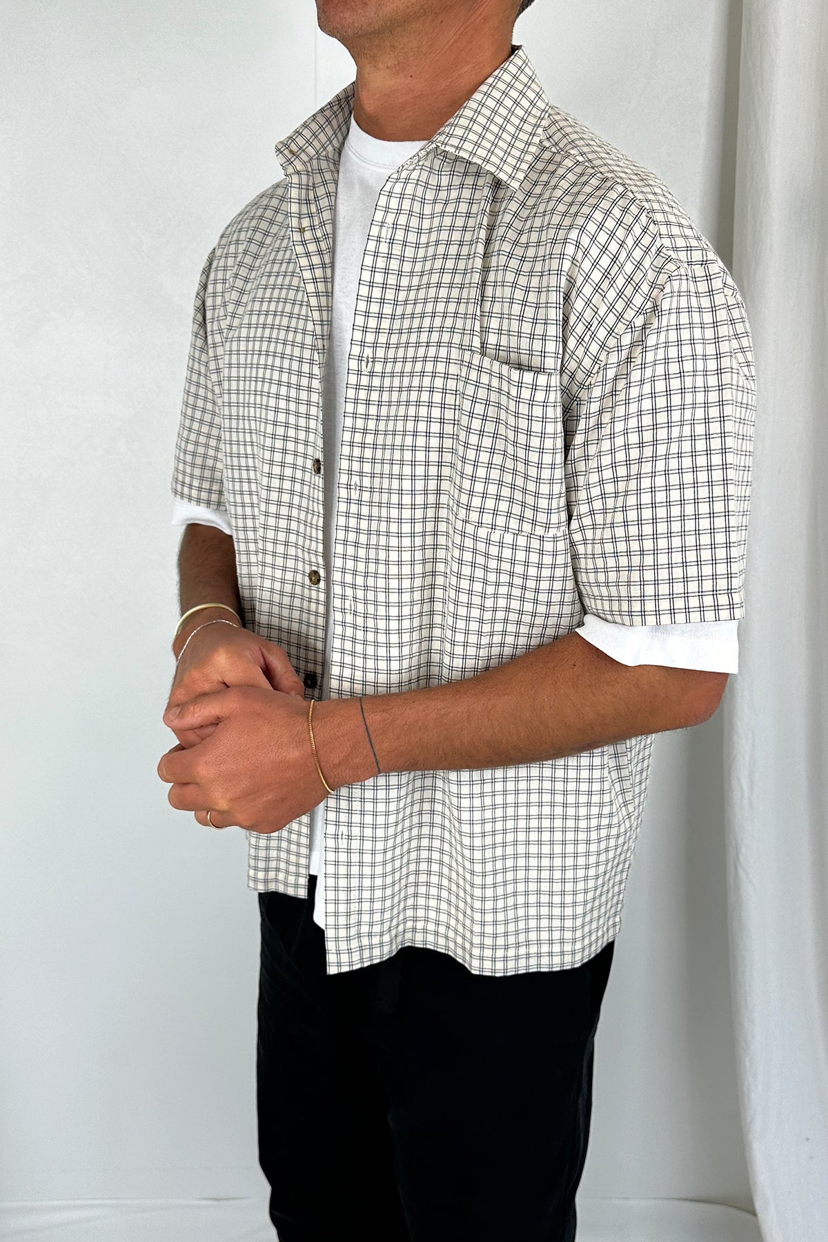 Nathaniel Drop Shirt Check Ivory