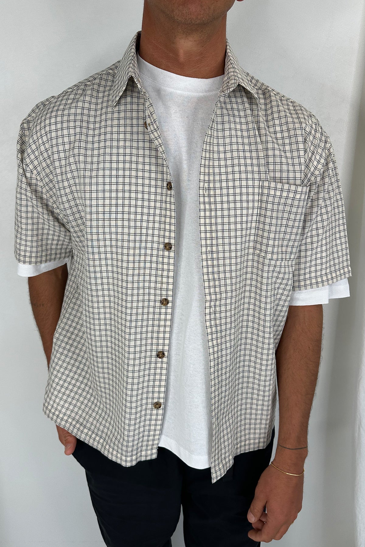 Nathaniel Drop Shirt Check Ivory