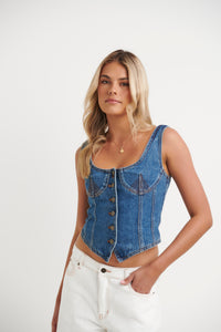 CORSET DENIM TOP WITH INSERTS - MID WASH – Yuzefi